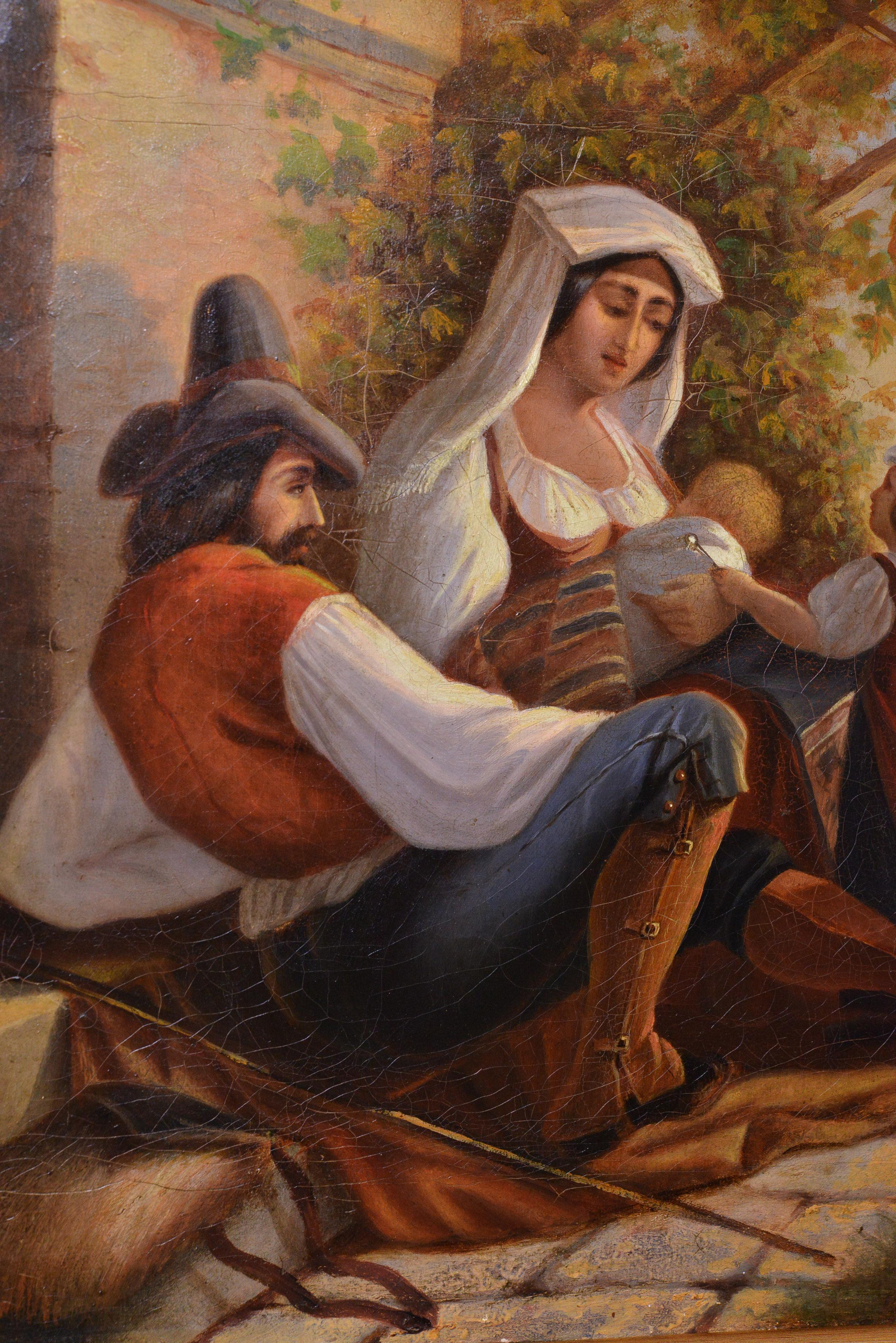 Scène de genre italienne Famille sur une halte 19e siècle Huile encadrée - Réalisme Painting par Unknown