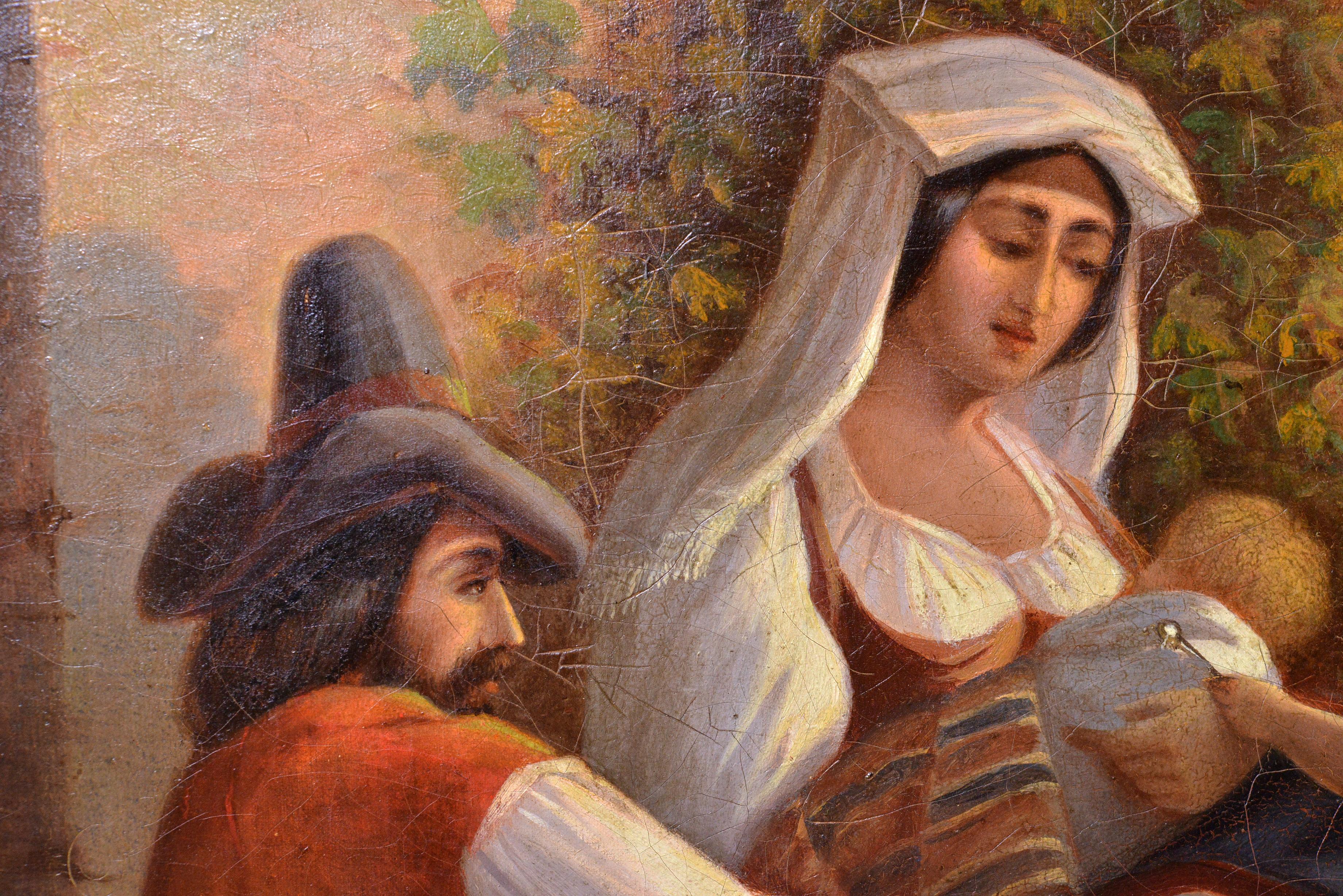 Italienische Genreszene, Familie auf einem Halt, Ölgemälde, gerahmt, 19. Jahrhundert im Angebot 1