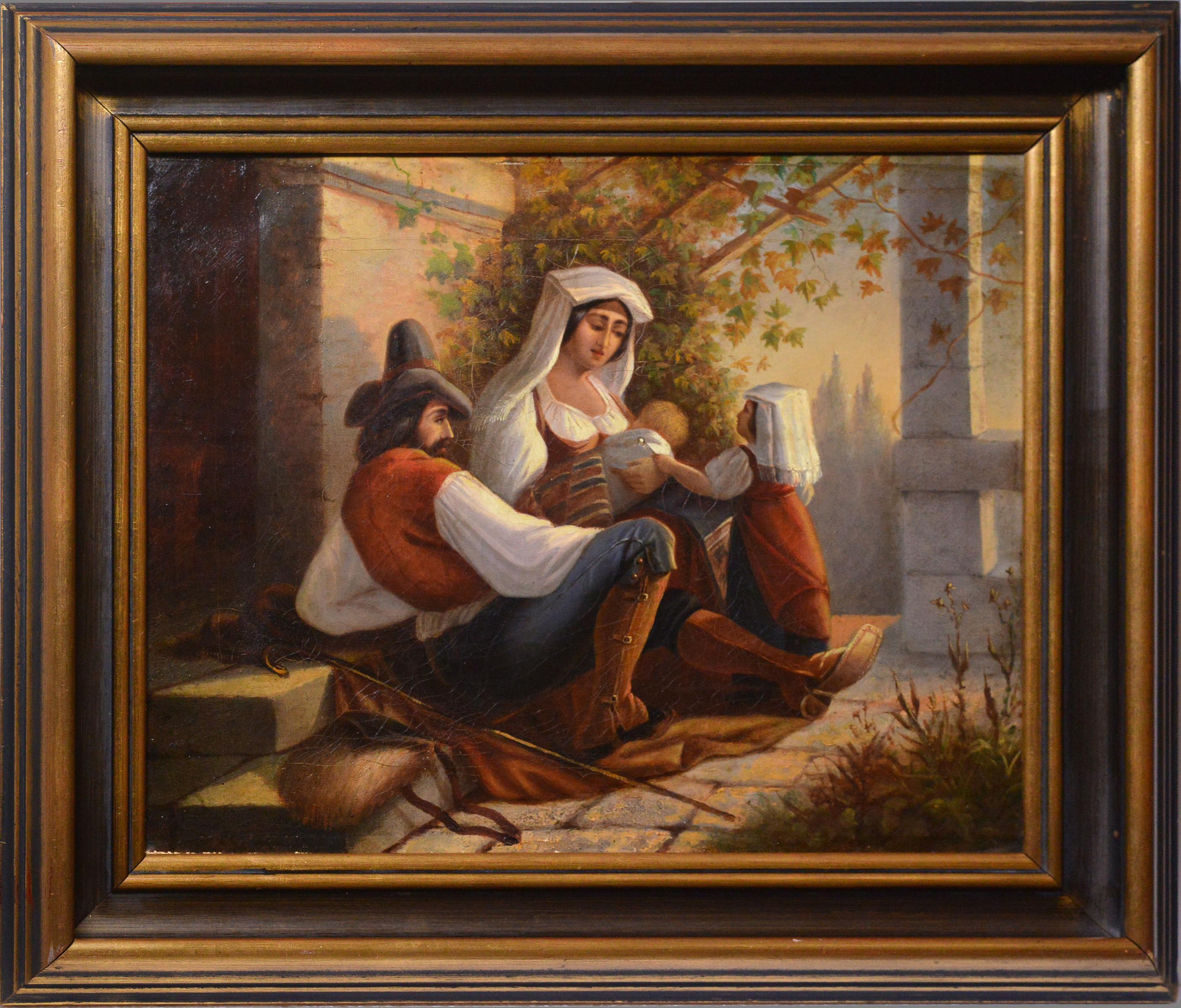 Italian genre scene Family on a halt 19th century Oil painting Framed
