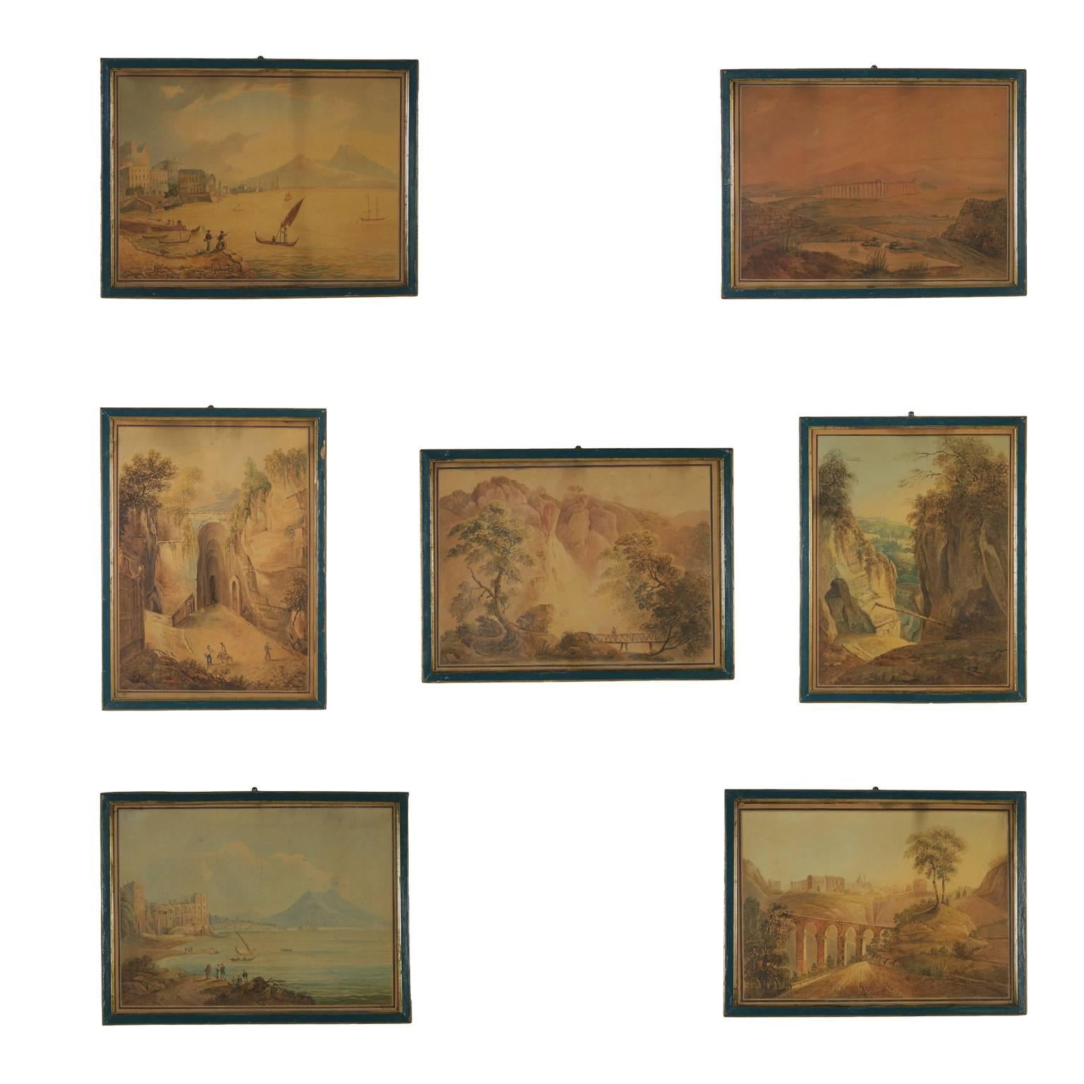 Unknown Landscape Painting - Italian Glimpses Set of Seven Watercolors Antique Art 1823