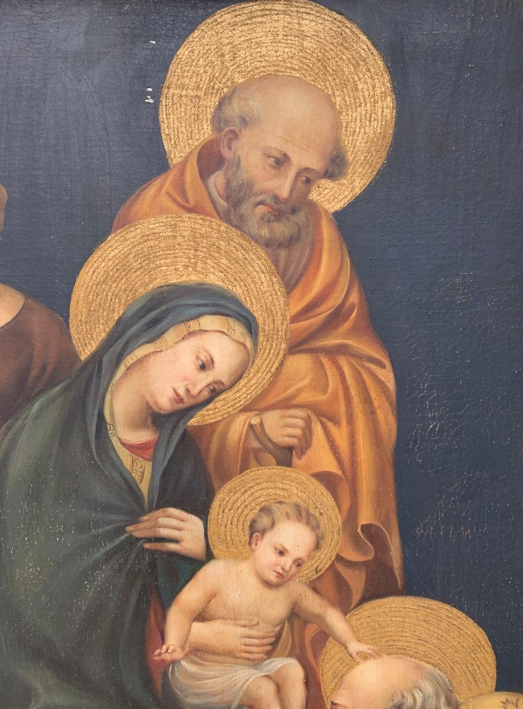 Florentine painter (19th century) - Madonna with Child, Saint Joseph and Saints.

90 x 56 cm without frame, 118 x 85 cm with frame.

Antique oil painting on wood, in a carved and gilded wooden frame (some breakages).

Condition report: Good state of
