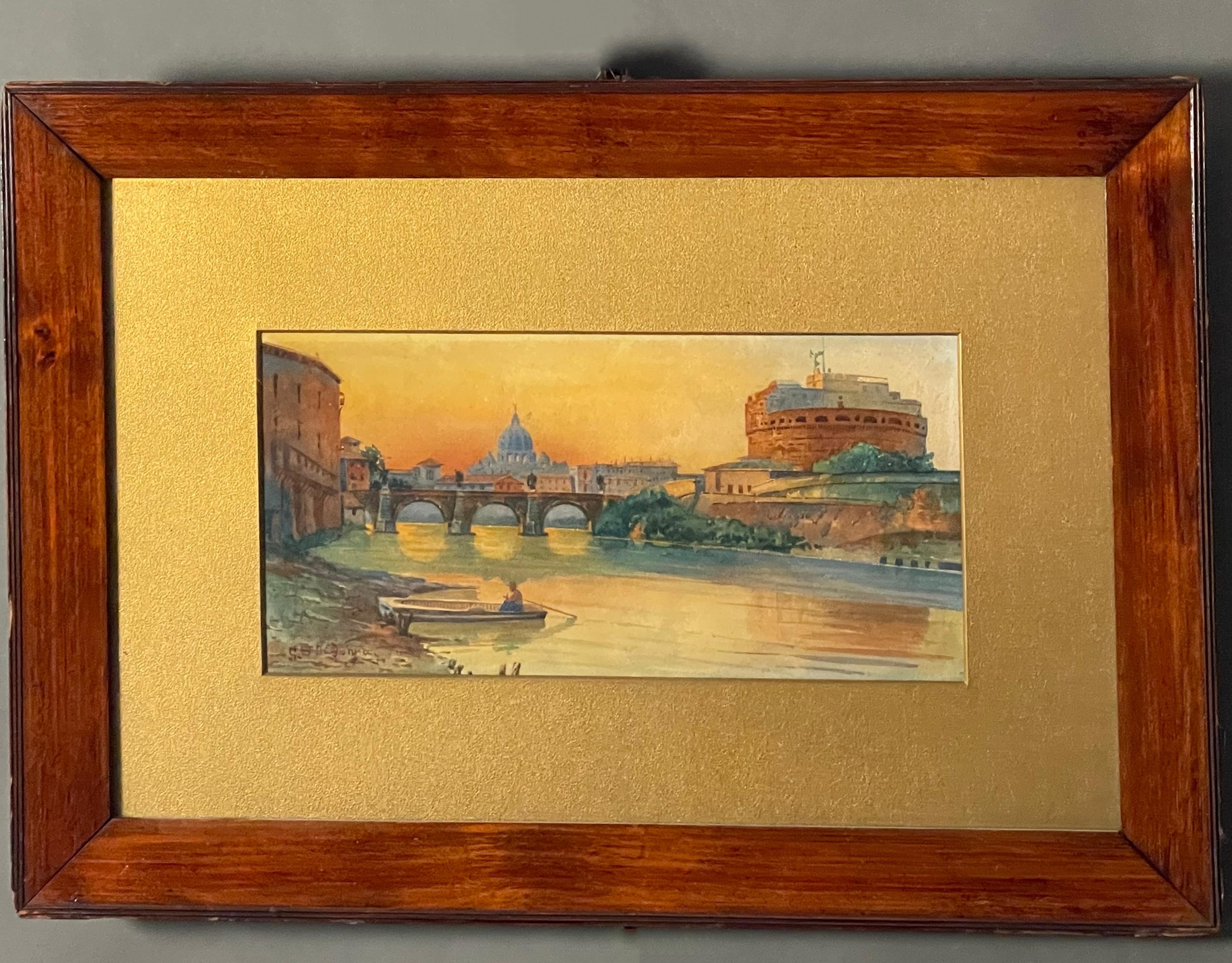 Italian Grand Tour Style Signed Landscape - Italian School Painting by Unknown