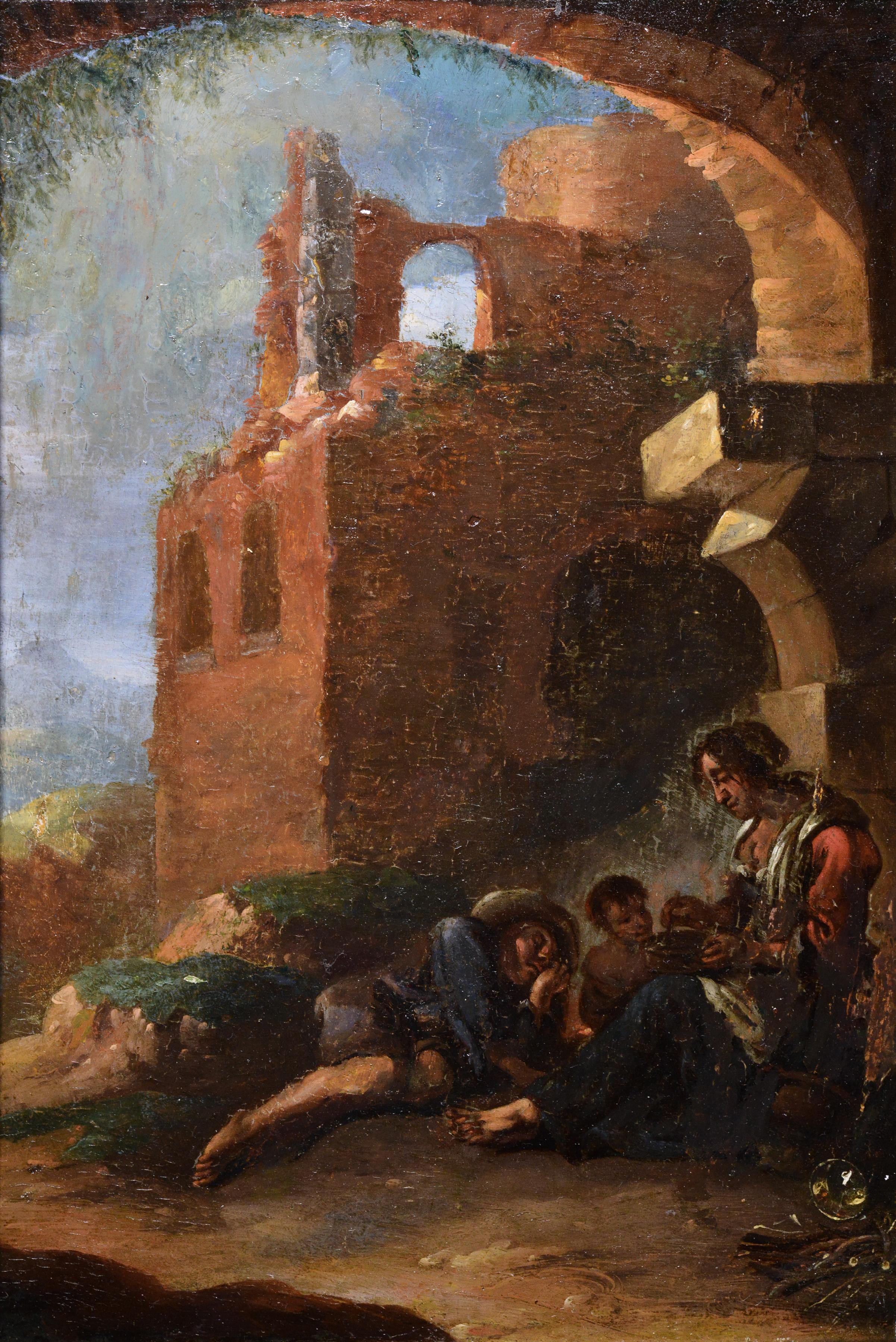 Very well executed mid-18th century artwork, rather oil study, depicts resting family sheltering from the scorching midday sun in grotto shape arch in ruined part of town. Mother feeding the child and the man sleeps deeply. It is difficult to say