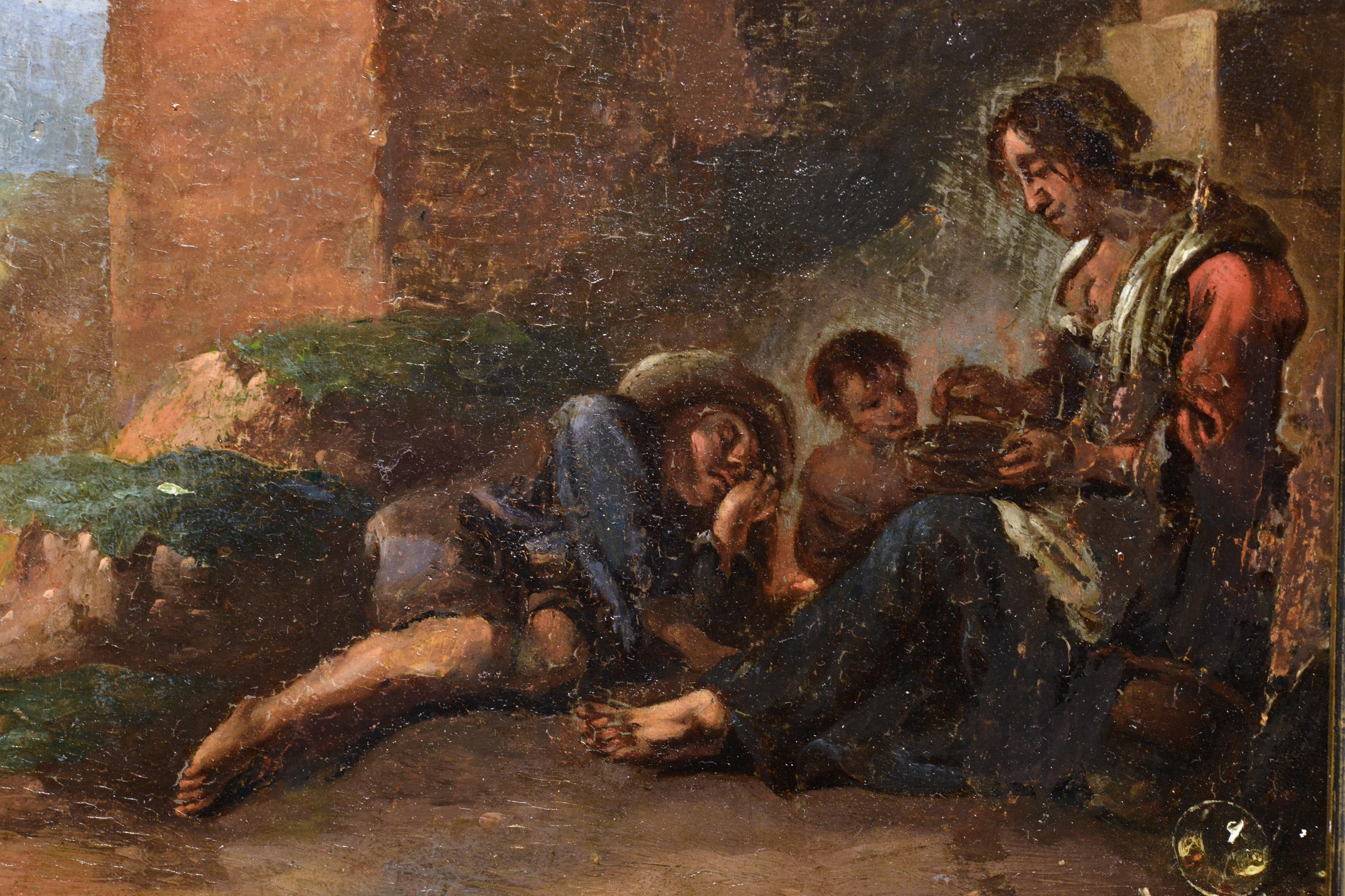 Peinture à l'huile italienne du 18ème siècle, Grotto in Ruins, scène de rue avec famille en train de se reposer - Réalisme Painting par Unknown