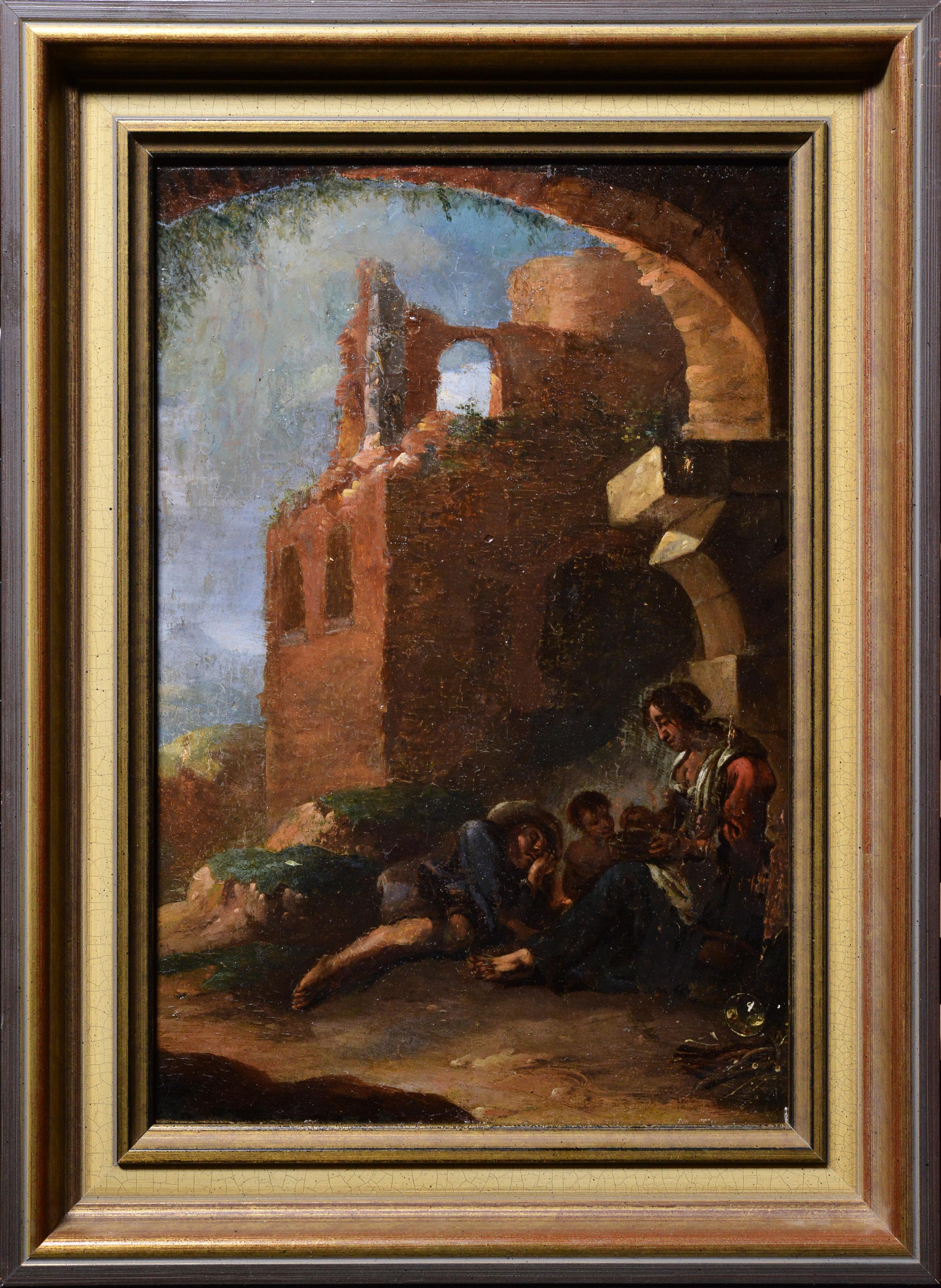 Peinture à l'huile italienne du 18ème siècle, Grotto in Ruins, scène de rue avec famille en train de se reposer