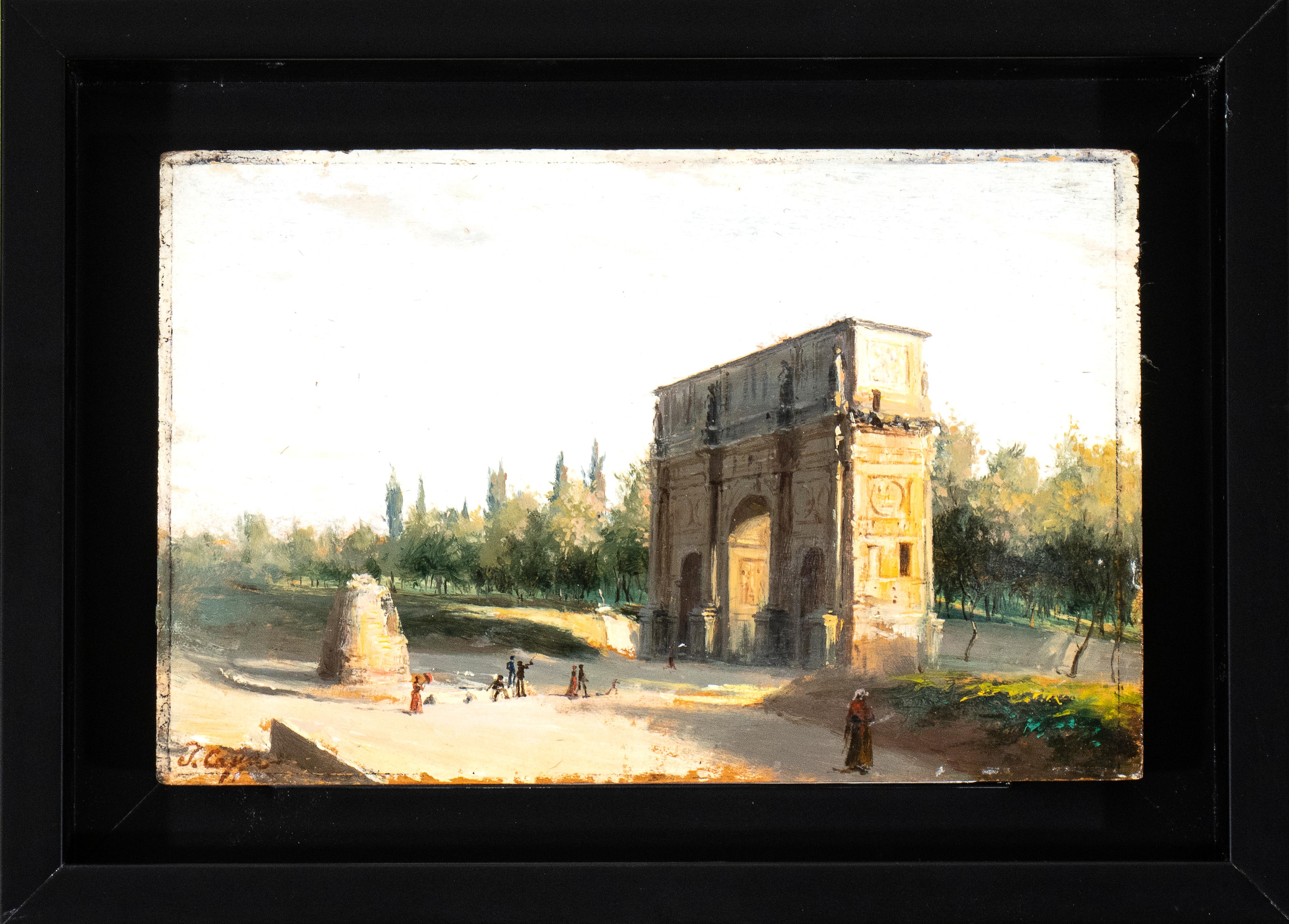 Italian Landscape Oil Paint on Board View of Arch of Constantine and Meta Sudans - Painting by Unknown