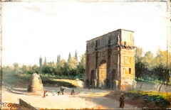 Peinture à l'huile sur panneau d'un paysage italien représentant l'arc de Constantin et les Sudans Meta