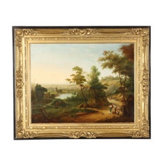 Antique Italian landscape painting with figures, XIXth century