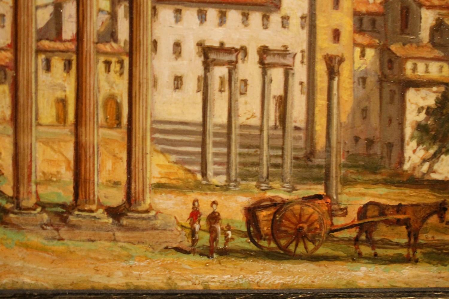 This enchanting landscape oil on wood board painting depicts one of the most famous views of the city of Rome. The imperial forums, a large square where you can still admire the ruins of some important classical temples and buildings of ancient