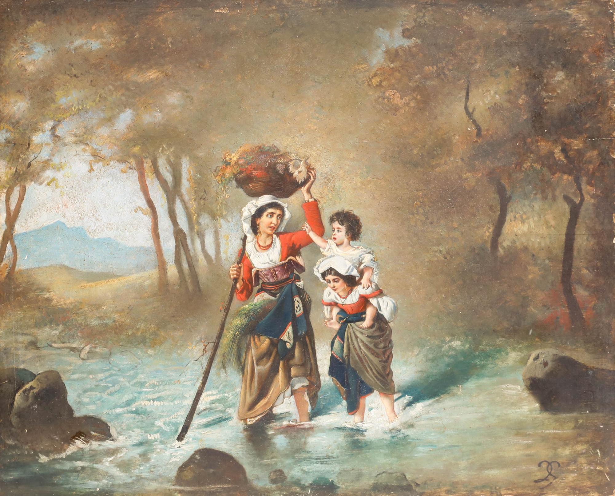 Italian Mid 20th Century Oil - Crossing the River - Painting by Unknown