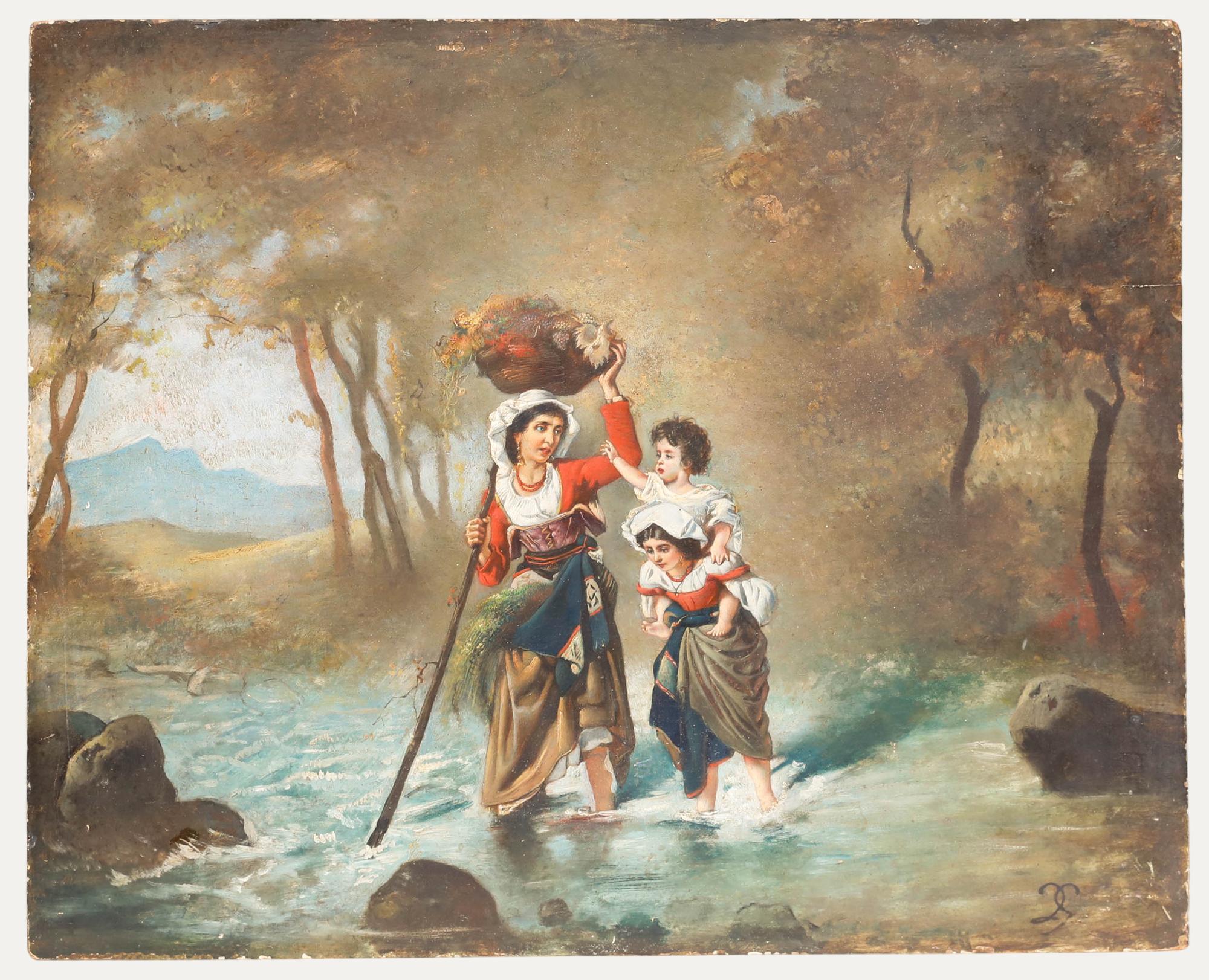 Unknown Figurative Painting - Italian Mid 20th Century Oil - Crossing the River