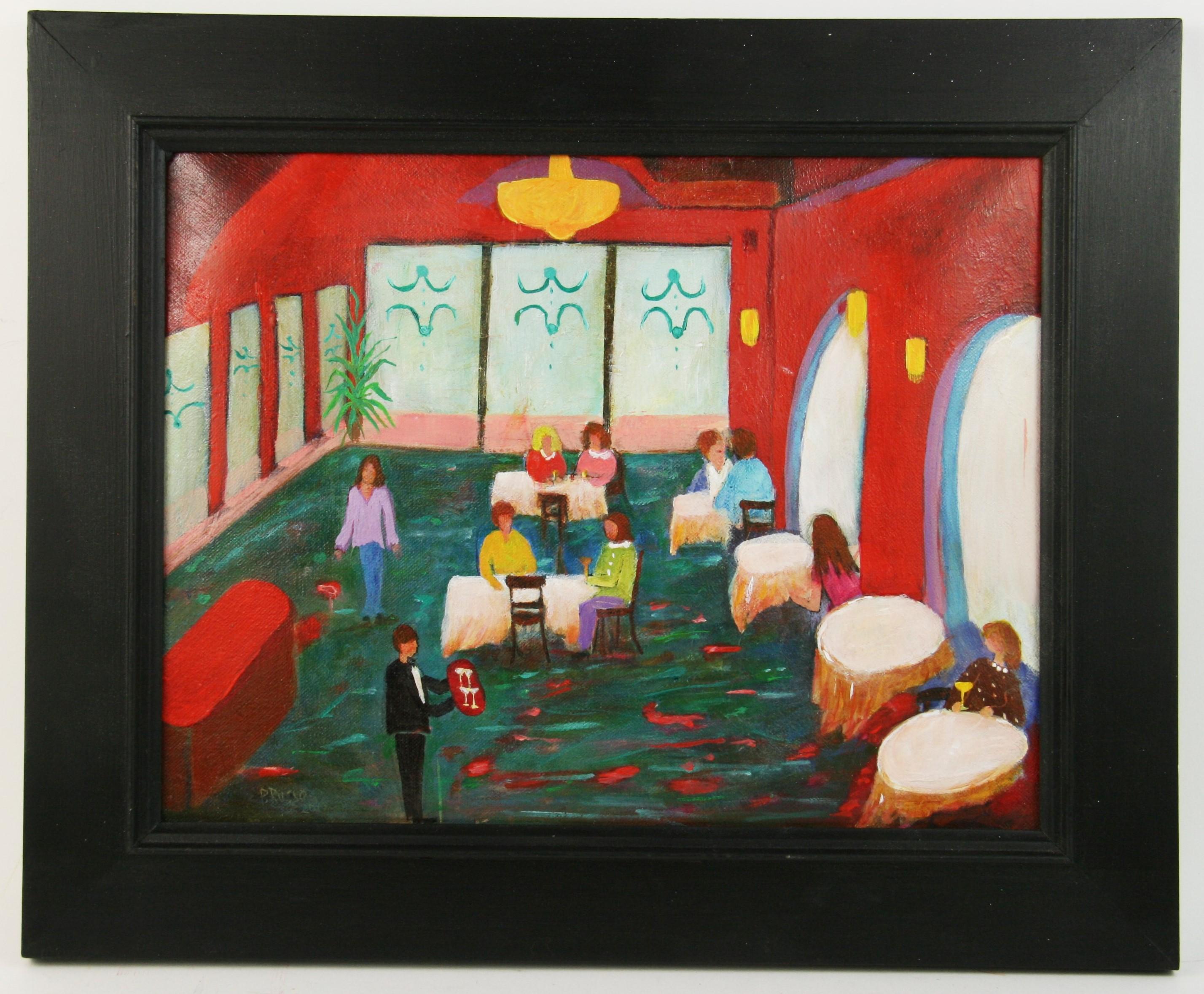 Italiano Ingenuo Colorido  Cenar fuera Pintura de escena interior de P.Russo - Painting de Unknown