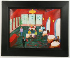 Italian Naive Colorful  Dining Out Interior Scene Painting By P.Russo