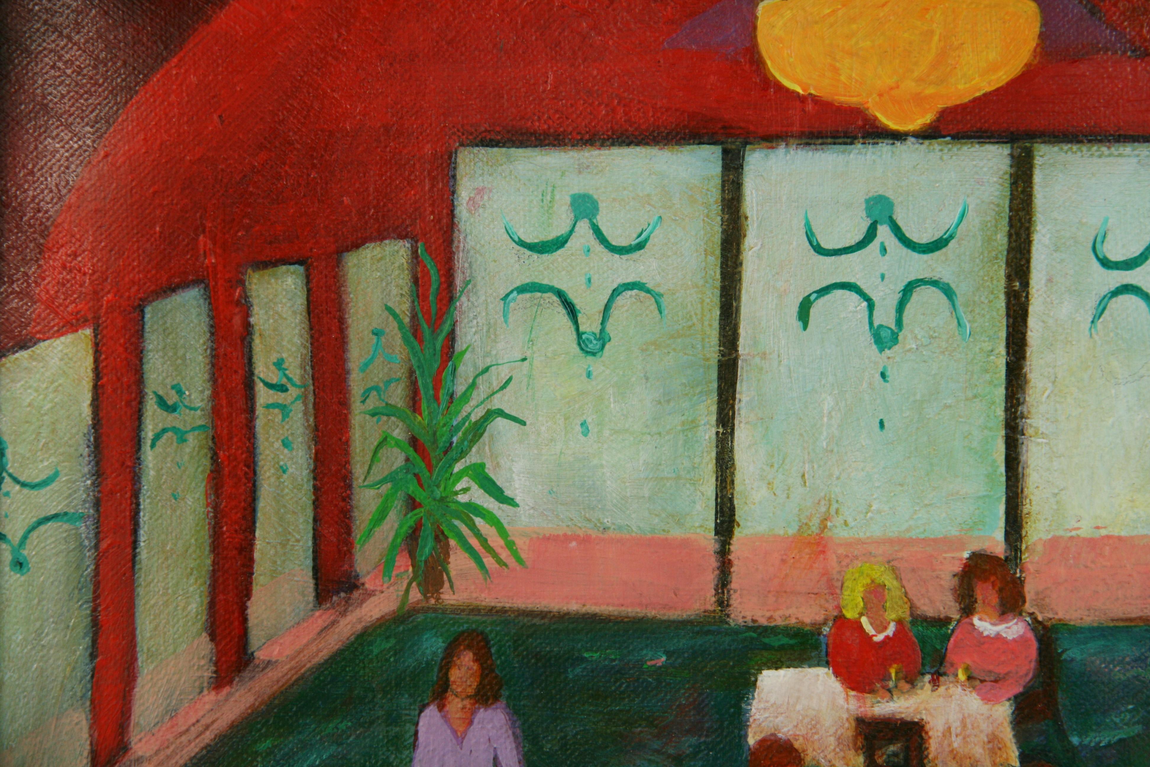 Italiano Ingenuo Colorido  Cenar fuera Pintura de escena interior de P.Russo - Figurative Painting Marrón de Unknown