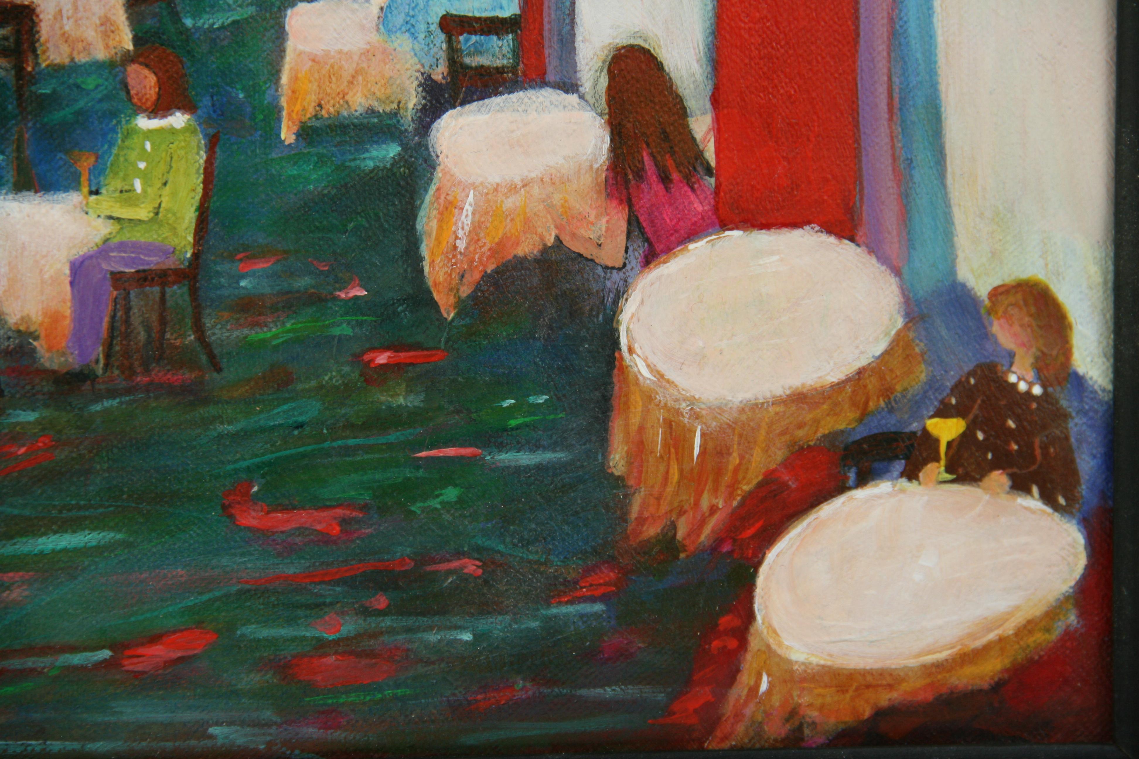 #5-3464  Ingenuo  acrílico figurativo contemporáneo sobre lienzo aplicado a una tabla, 
en un cuadro con marco de madera negra, 
firmado por el artista napolitano  P. Russo.
Tamaño de la imagen 9,75 A x 13 A