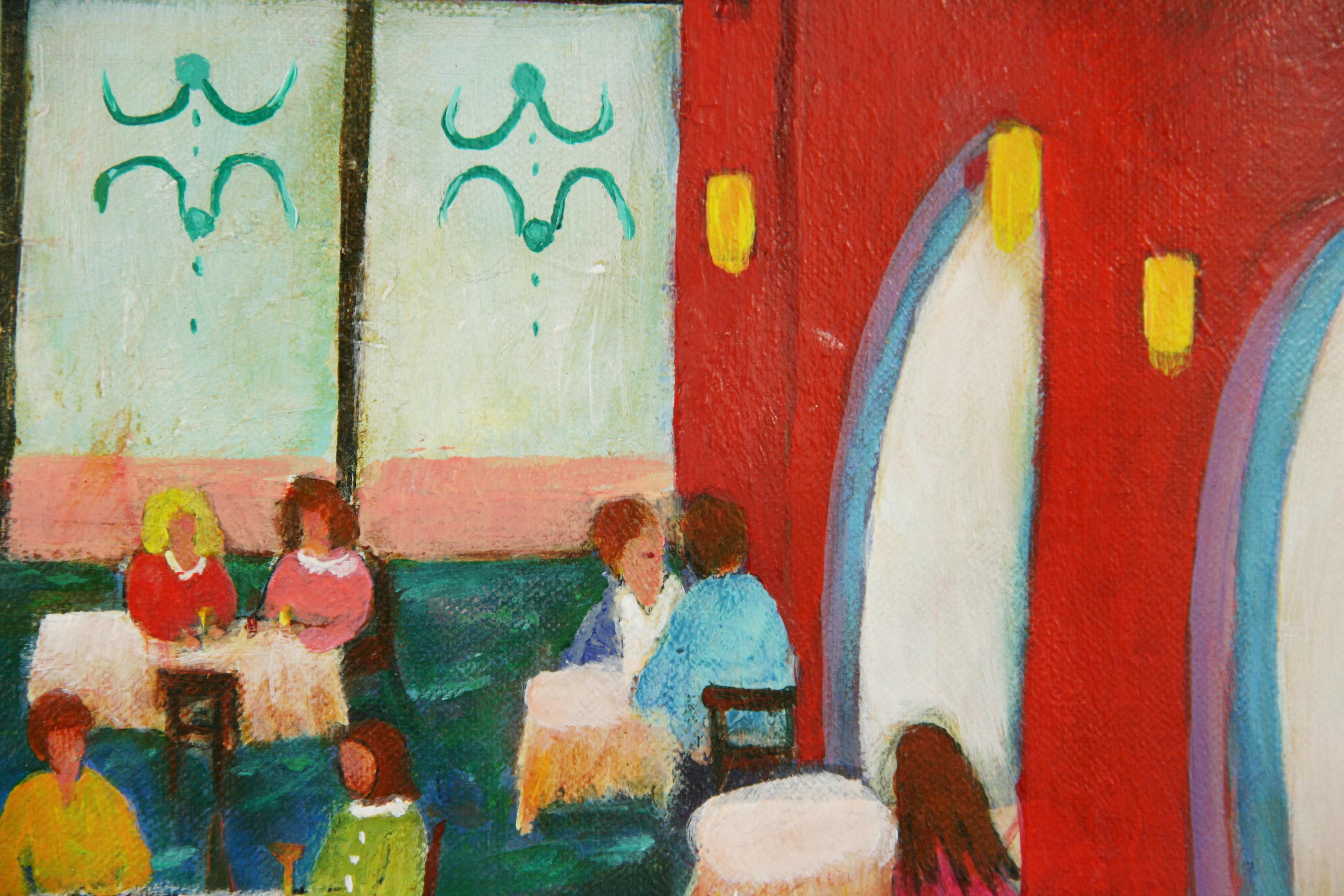 Italian Naive Colorful  Dining Out Interior Scene Painting By P.Russo For Sale 3