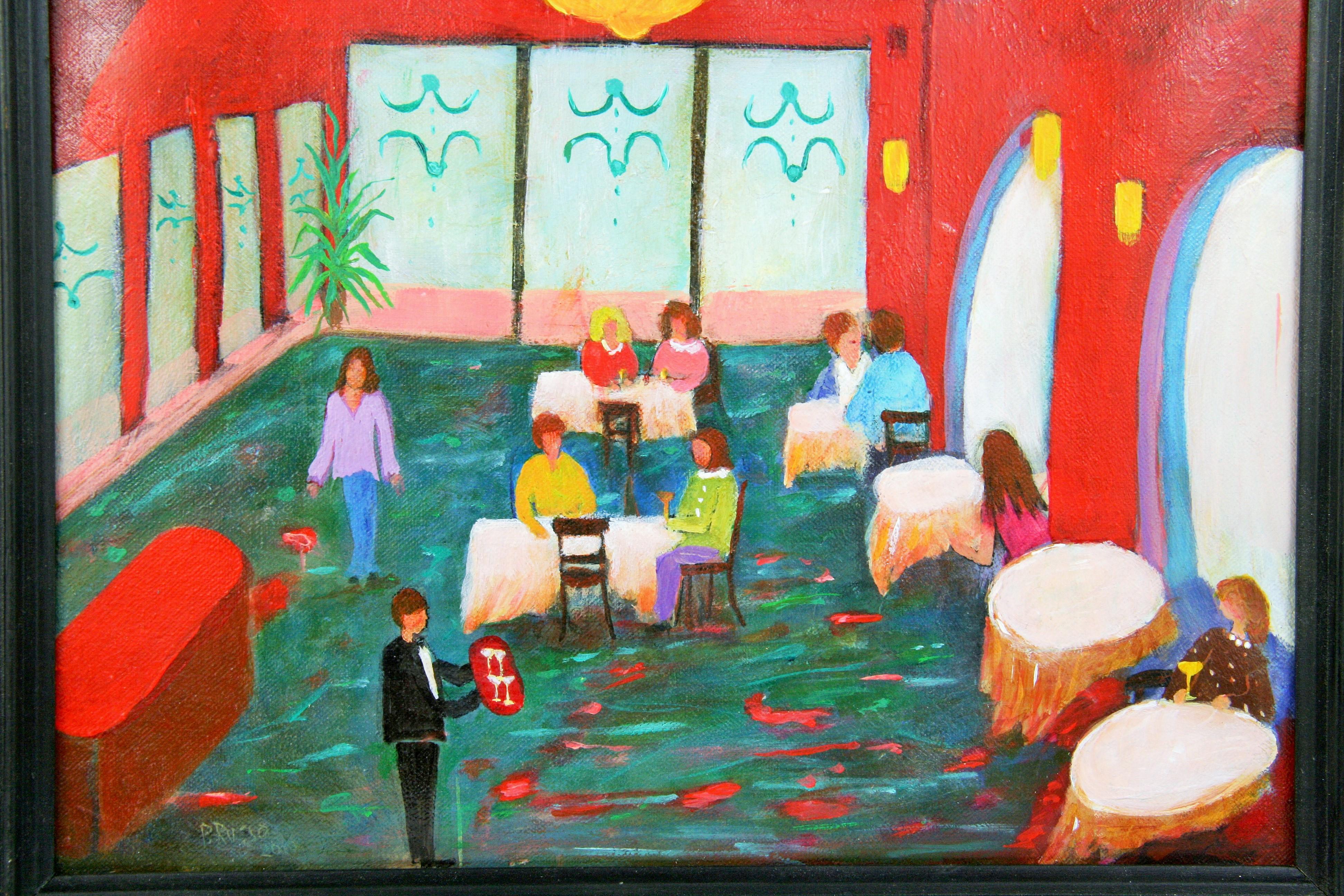 Italian Naive Colorful  Dining Out Interior Scene Painting By P.Russo For Sale 4