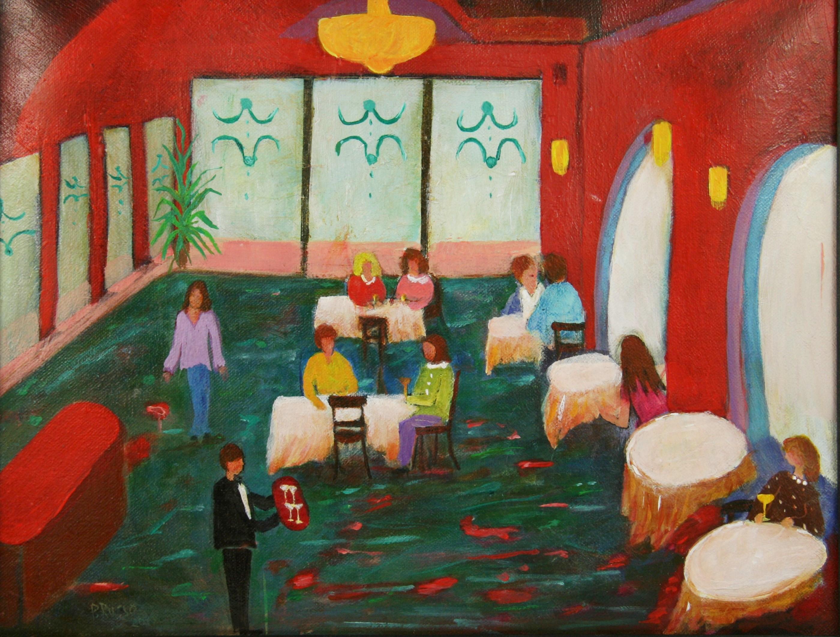 Unknown Interior Painting - Italian Naive Colorful  Dining Out Interior Scene Painting By P.Russo