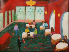 Italian Naive Colorful  Dining Out Interior Scene Painting By P.Russo