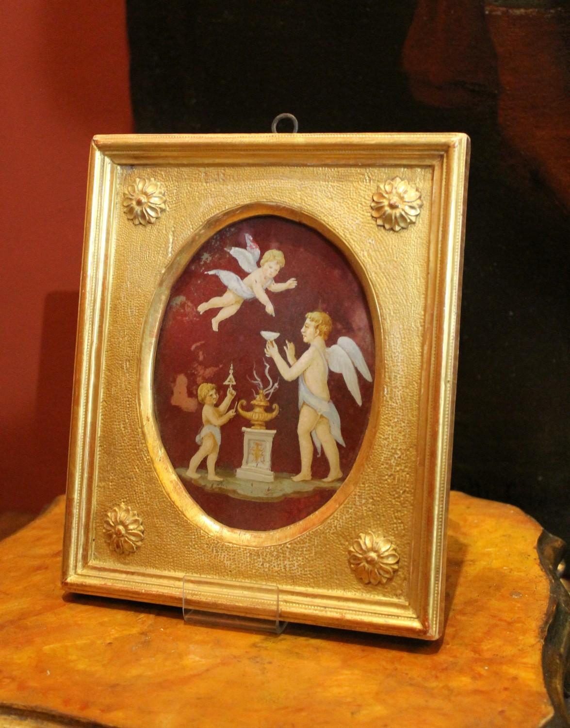 Italian Neoclassical Style Oil Painting on Oval Glass with Putti iGiltwood Frame 3