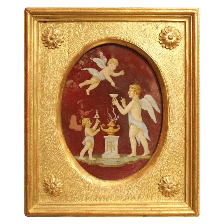 Unknown Figurative Painting - Italian Neoclassical Style Oil Painting on Oval Glass with Putti iGiltwood Frame