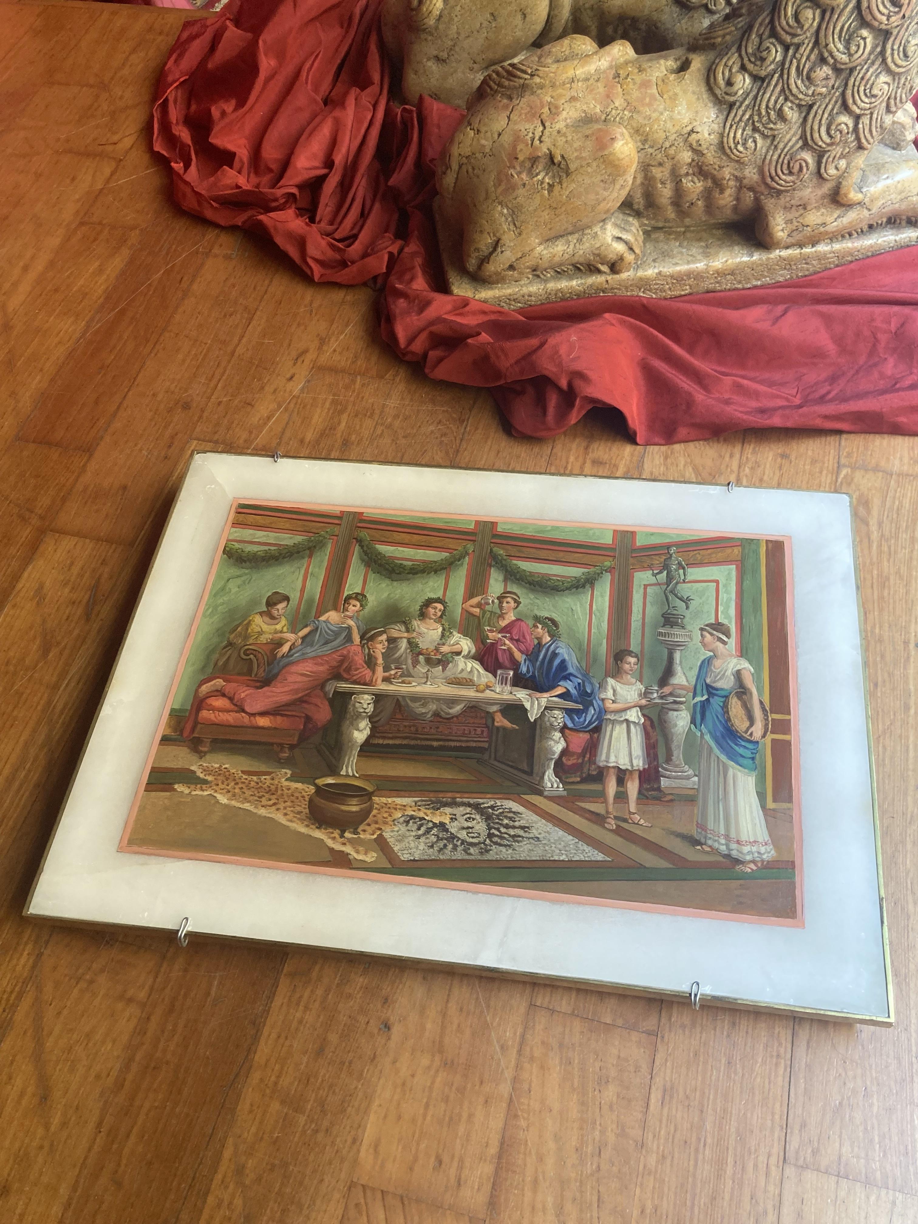 Italian Oil on Alabaster Painting Pompeian Interior Scene in Ormolu Frame For Sale 11