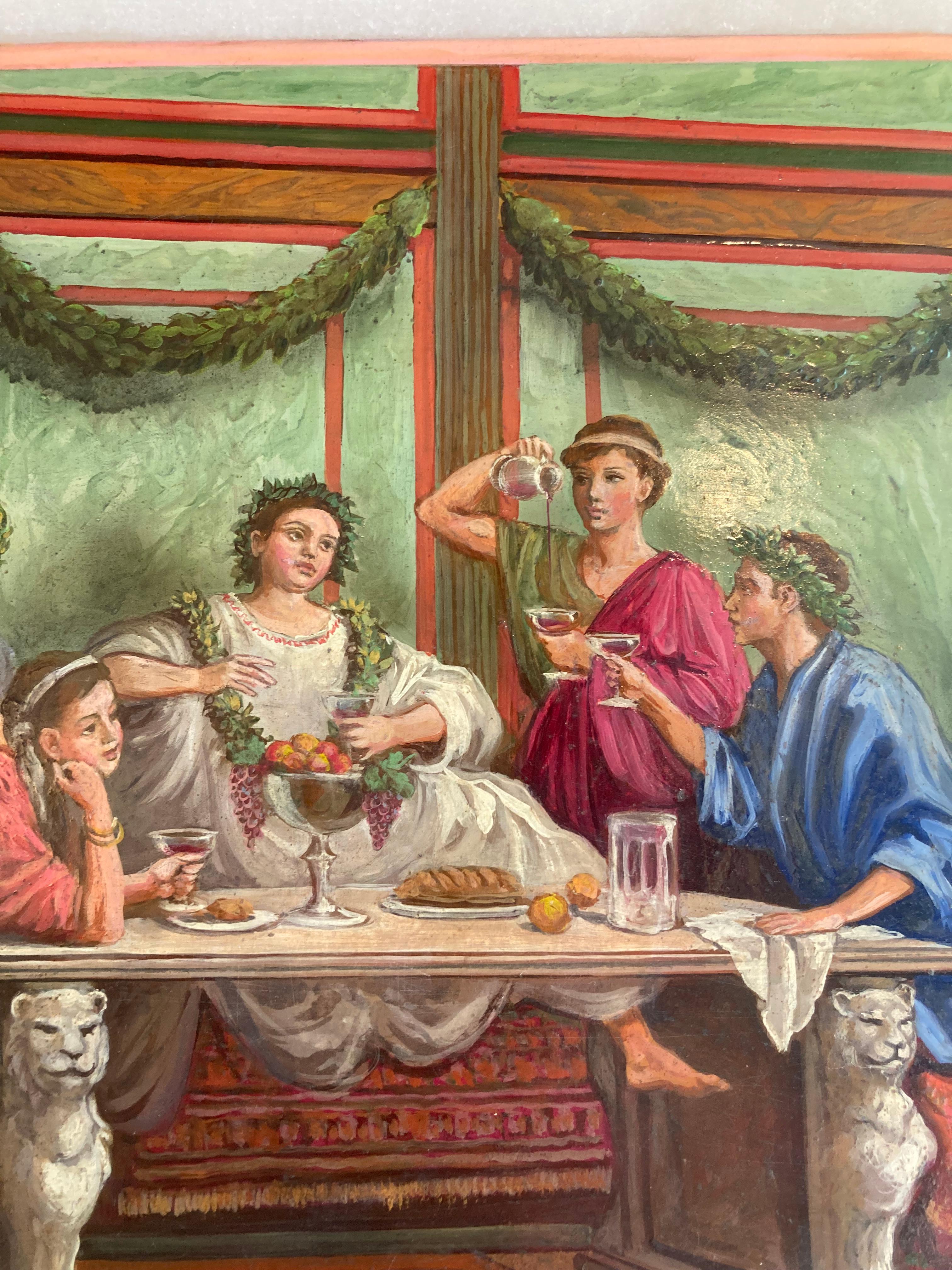 Peinture italienne à l'huile sur albâtre - Scène d'intérieur pompéienne dans un cadre en bronze doré - Or Figurative Painting par Unknown