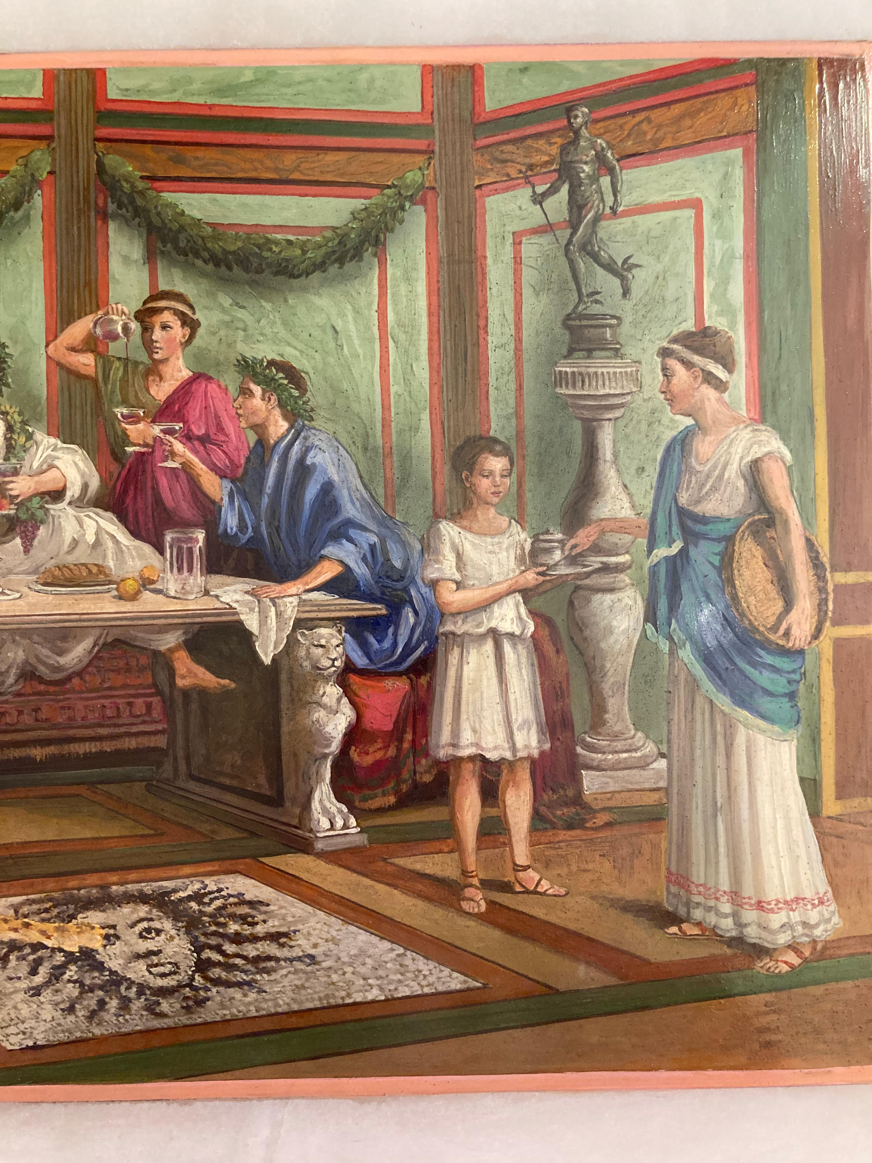 This Italian 19th century oil on alabastrer painting depicts an opulent interior in full ancient neoclassical Pompeian style with people festing.
The figurative inner scene is painted on a rectangular alabaster slab and housed in a wonderful