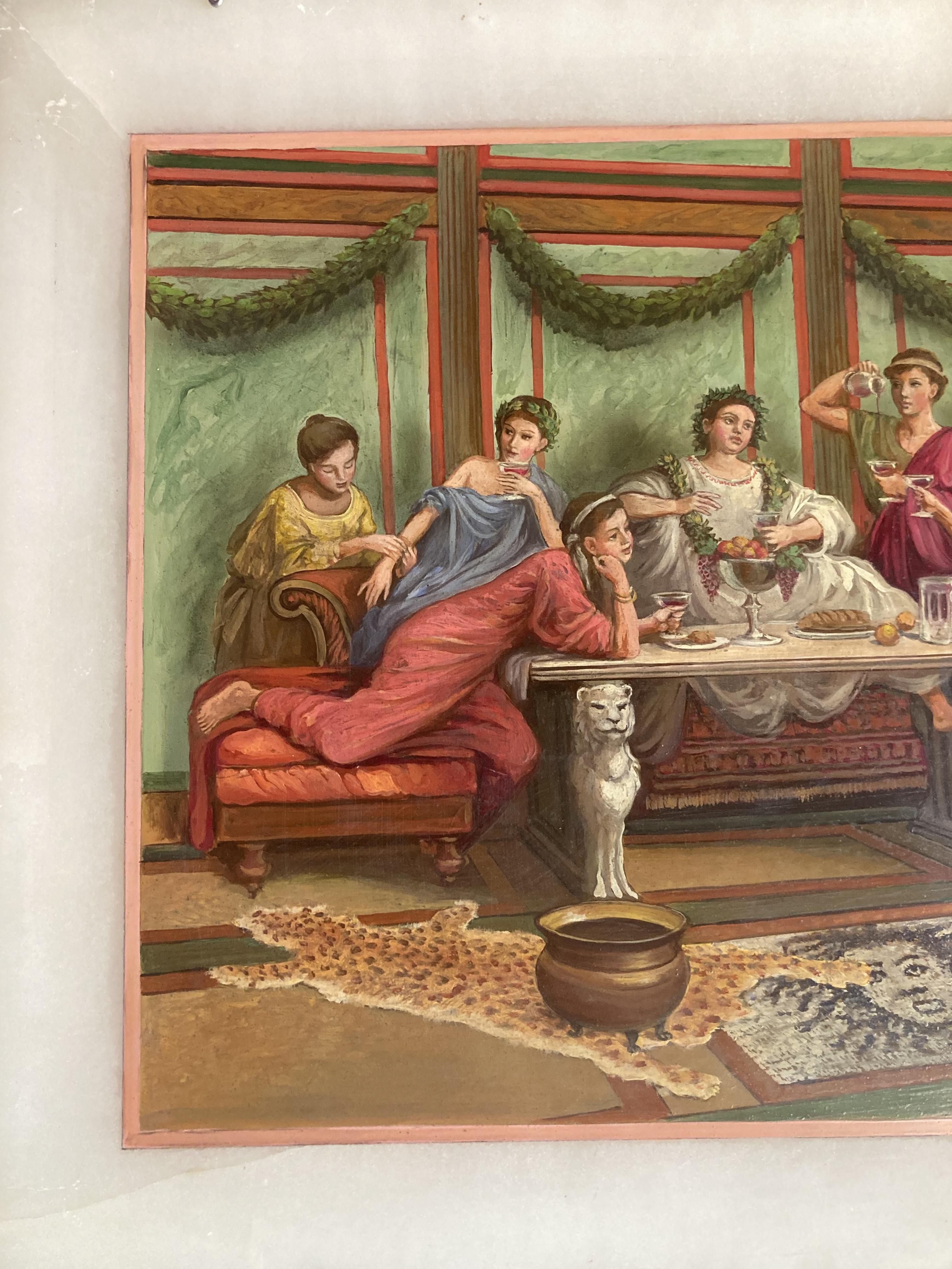 Italian Oil on Alabaster Painting Pompeian Interior Scene in Ormolu Frame For Sale 1