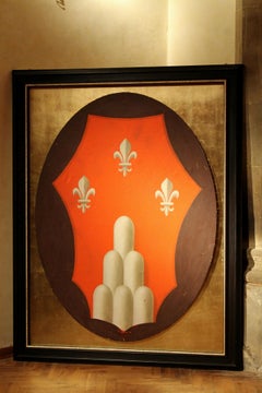 Italian Oil on Canvas Painting Coat of Arms in Gold Leaves Panel and Black Frame