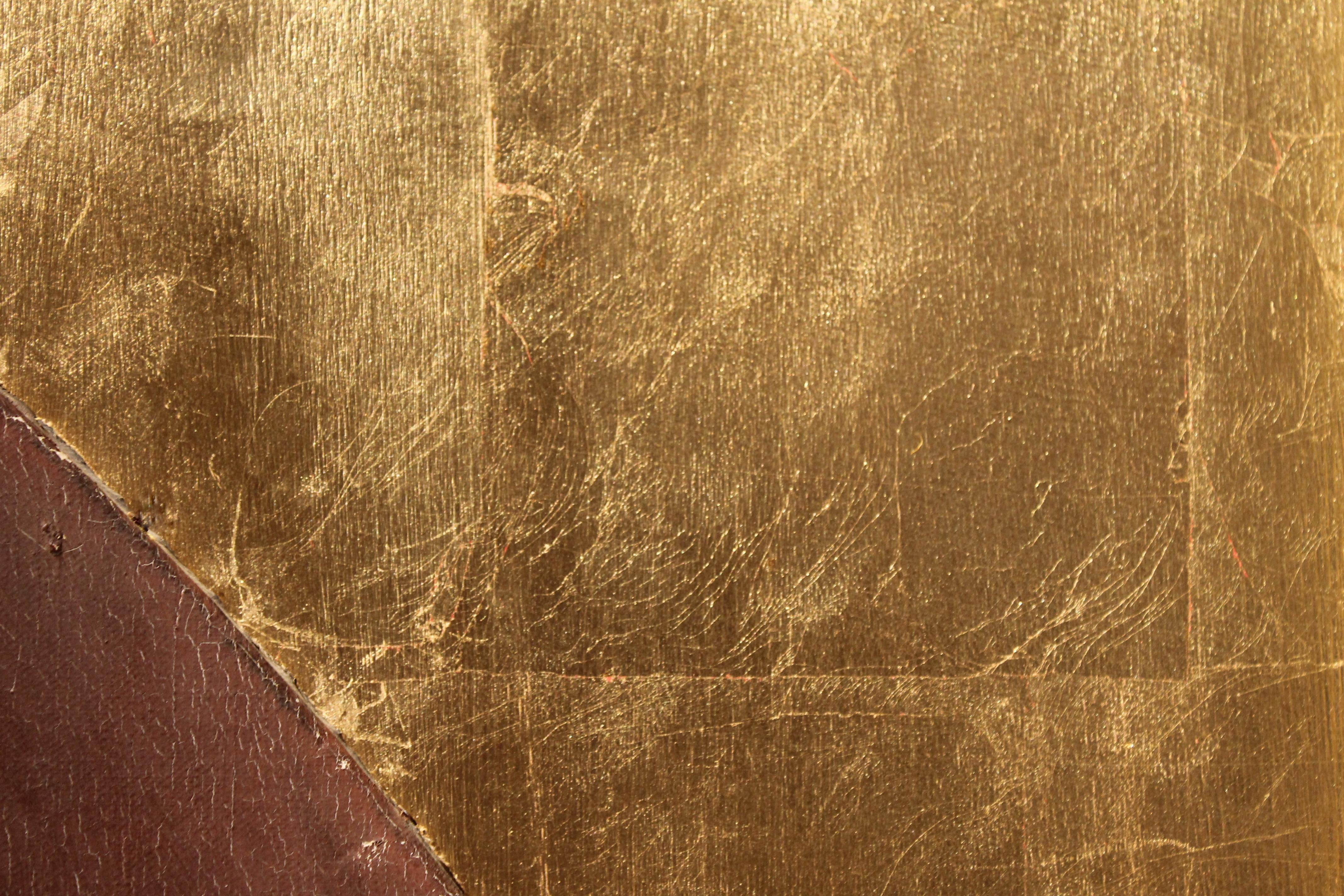 Peinture italienne à l'huile sur toile - Armoiries armoiries sur panneau de feuilles dorées et cadre noir - Orange Figurative Painting par Unknown