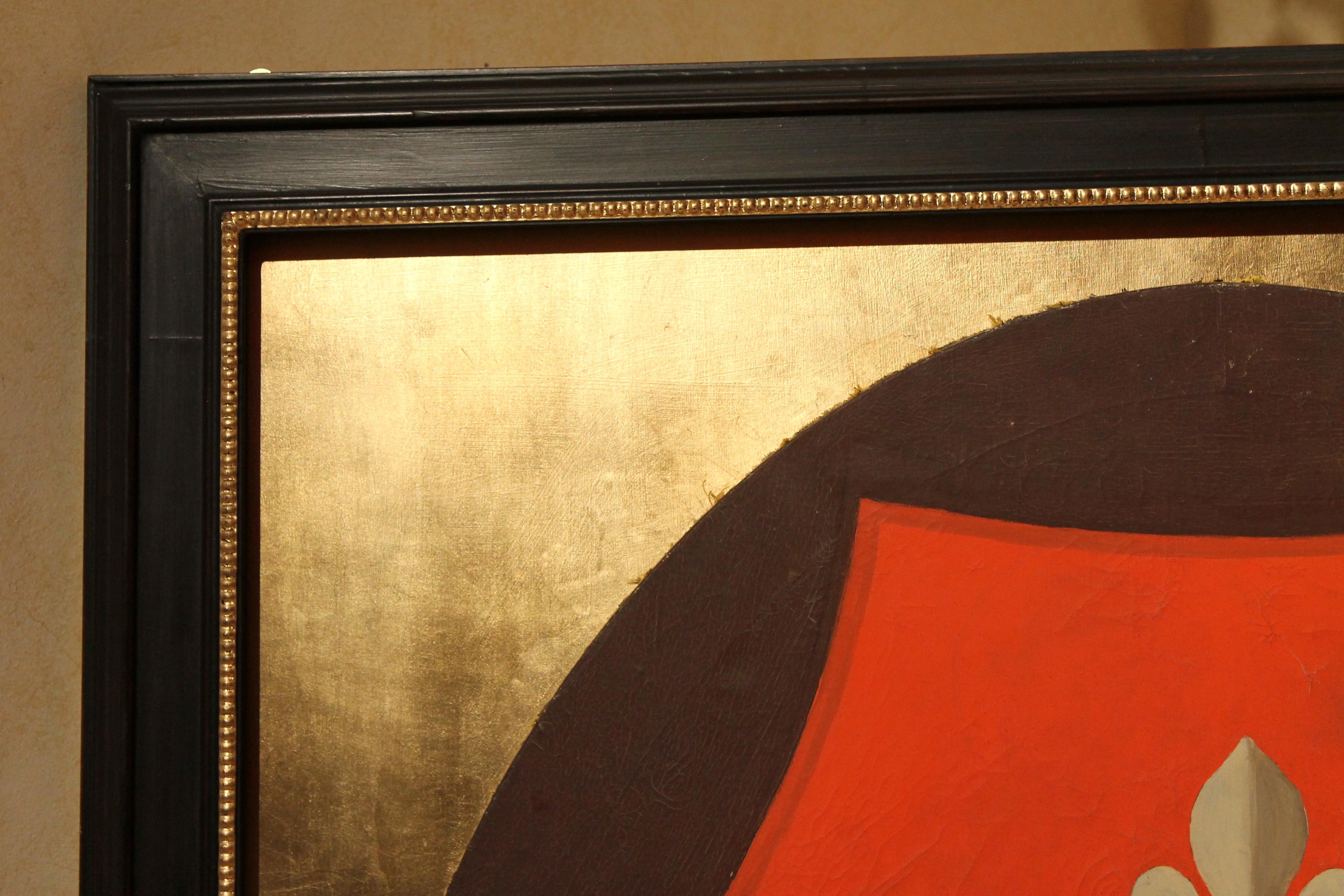 Peinture italienne à l'huile sur toile - Armoiries armoiries sur panneau de feuilles dorées et cadre noir en vente 2