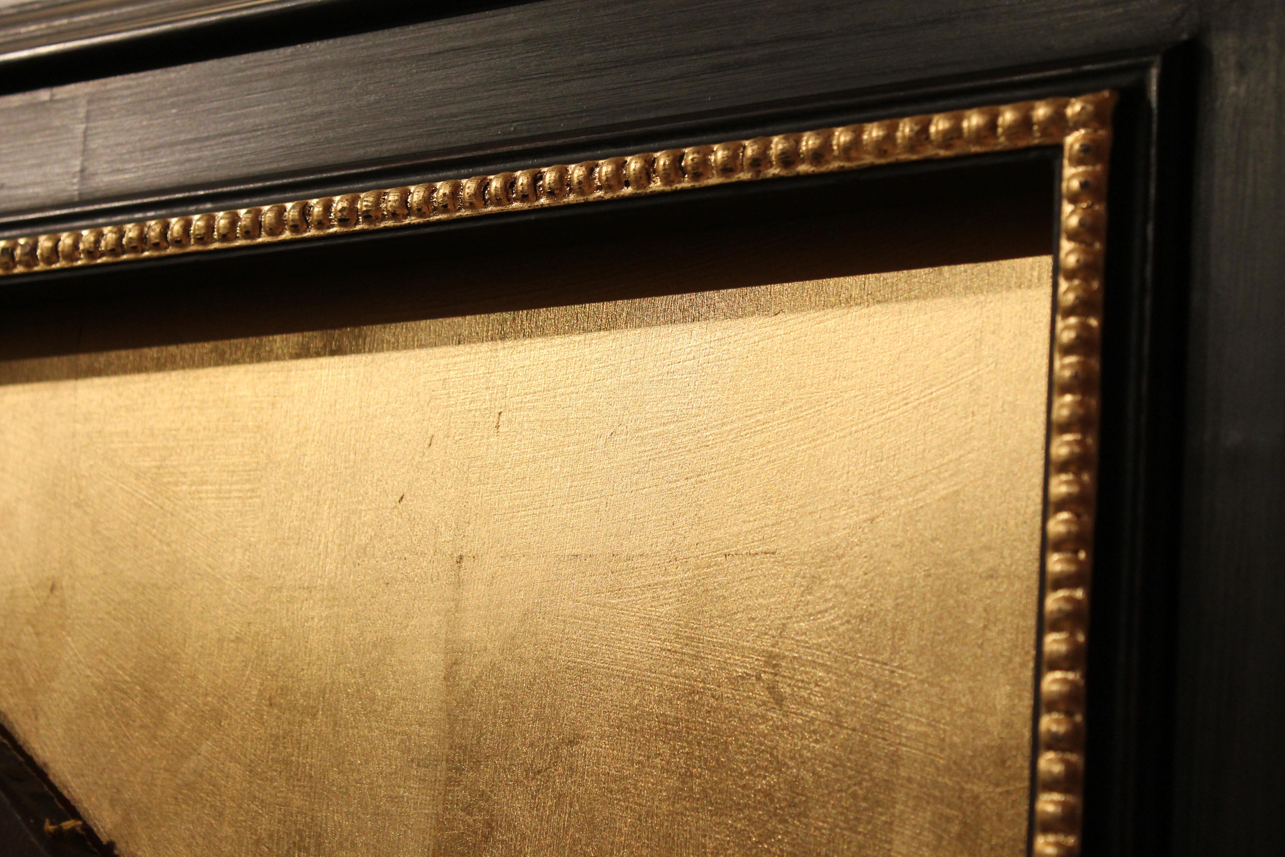 Italienisches Gemälde, Öl auf Leinwand, Wappen mit goldenen Blättern und schwarzem Rahmen im Angebot 4