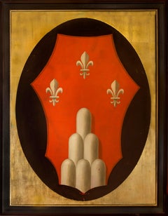 Italian Oil on Canvas Painting Coat of Arms in Gold Leaves Panel and Black Frame