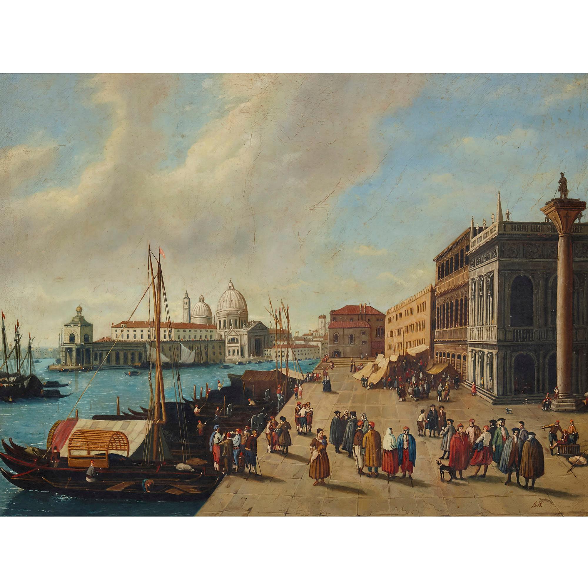 Peinture à l'huile italienne de Venise dans un cadre en bois doré - Painting de Unknown