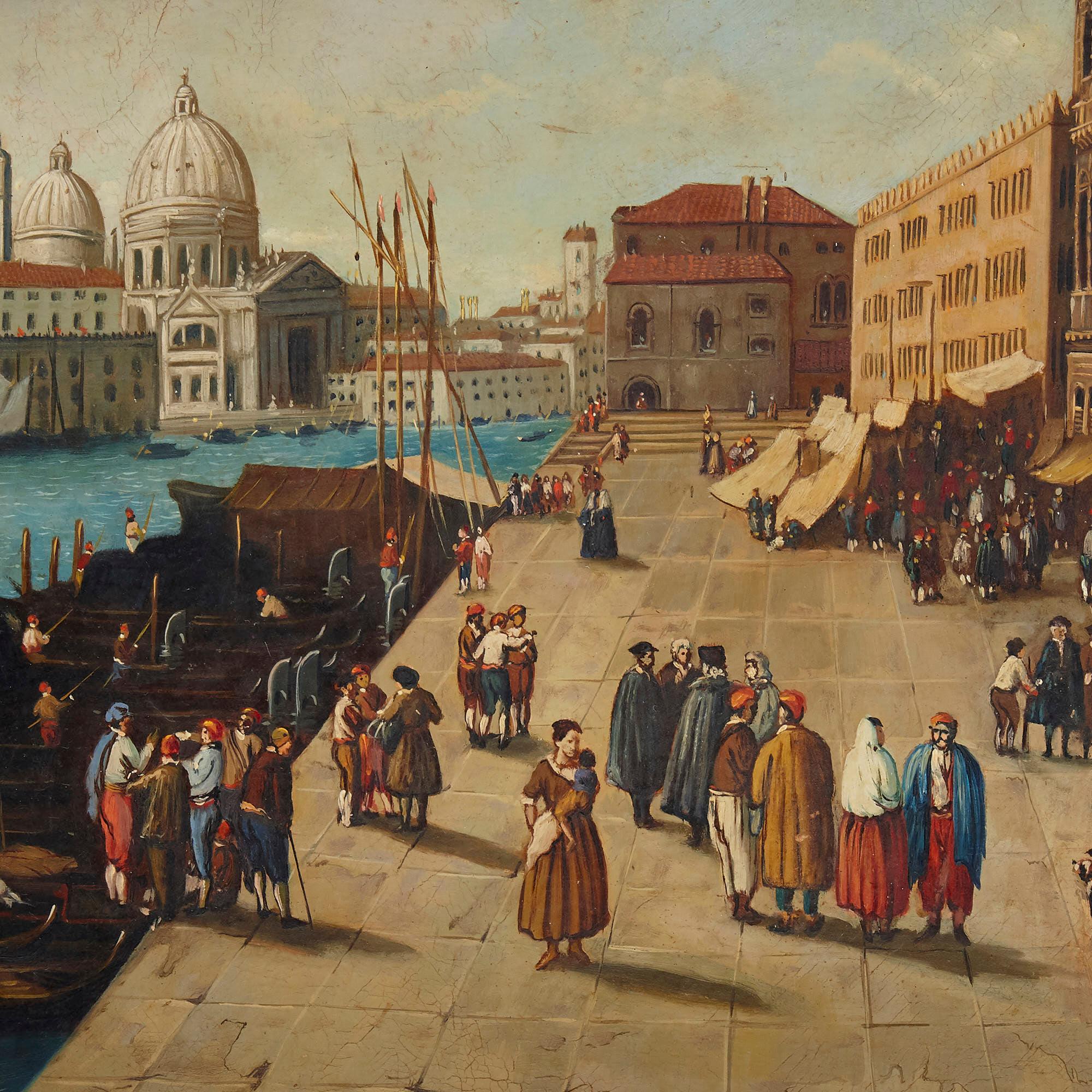 Peinture à l'huile italienne de Venise dans un cadre en bois doré - Marron Figurative Painting par Unknown