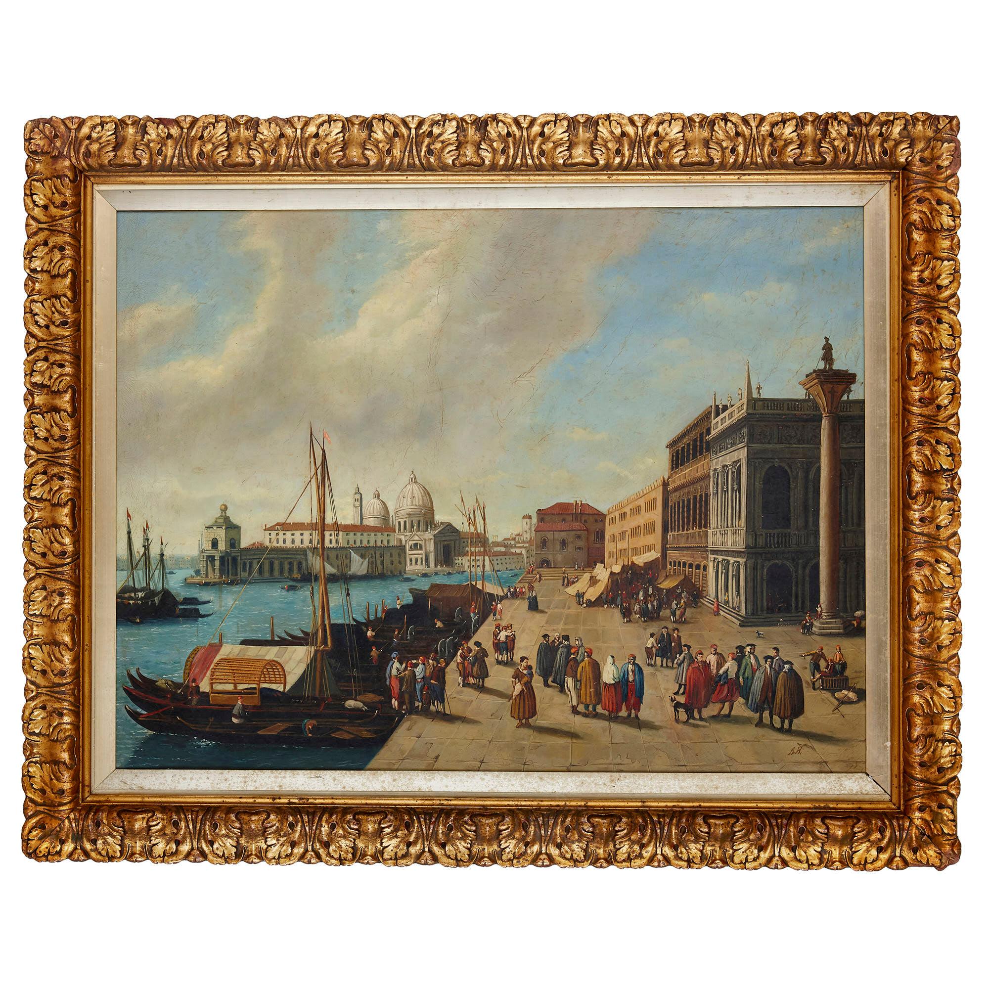 Figurative Painting Unknown - Peinture à l'huile italienne de Venise dans un cadre en bois doré