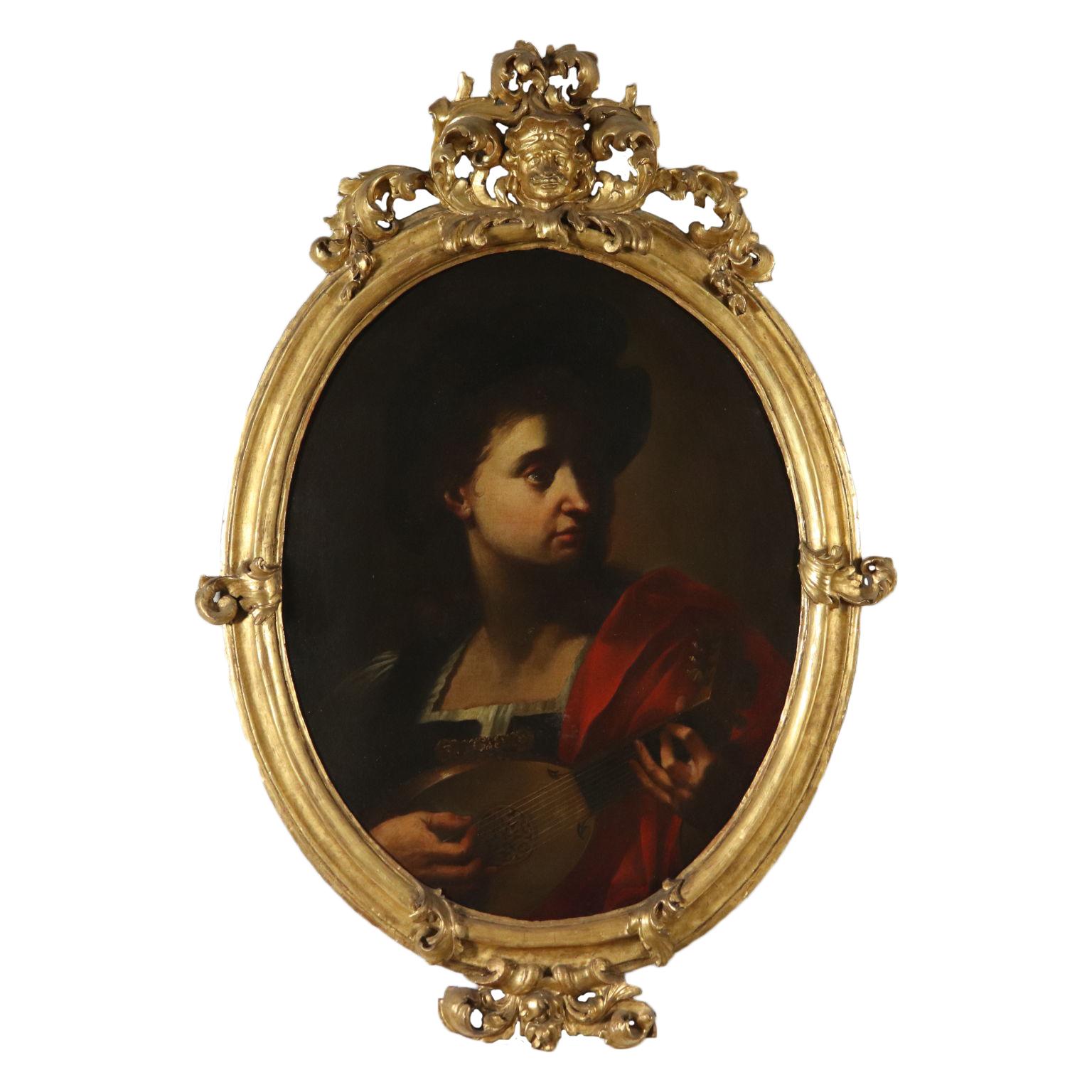 Unknown Portrait Painting - Italian Painting Lute Player 17th Century 