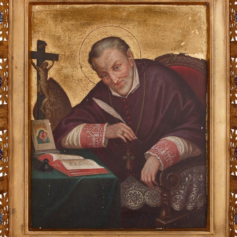 Italian painting of Alphonsus Liguori in French Neo-Gothic Frame - Painting by Unknown