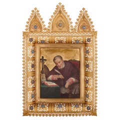 Antique Italian painting of Alphonsus Liguori in French Neo-Gothic Frame