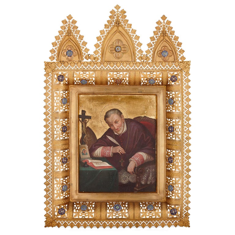 Unknown Figurative Painting - Italian painting of Alphonsus Liguori in French Neo-Gothic Frame