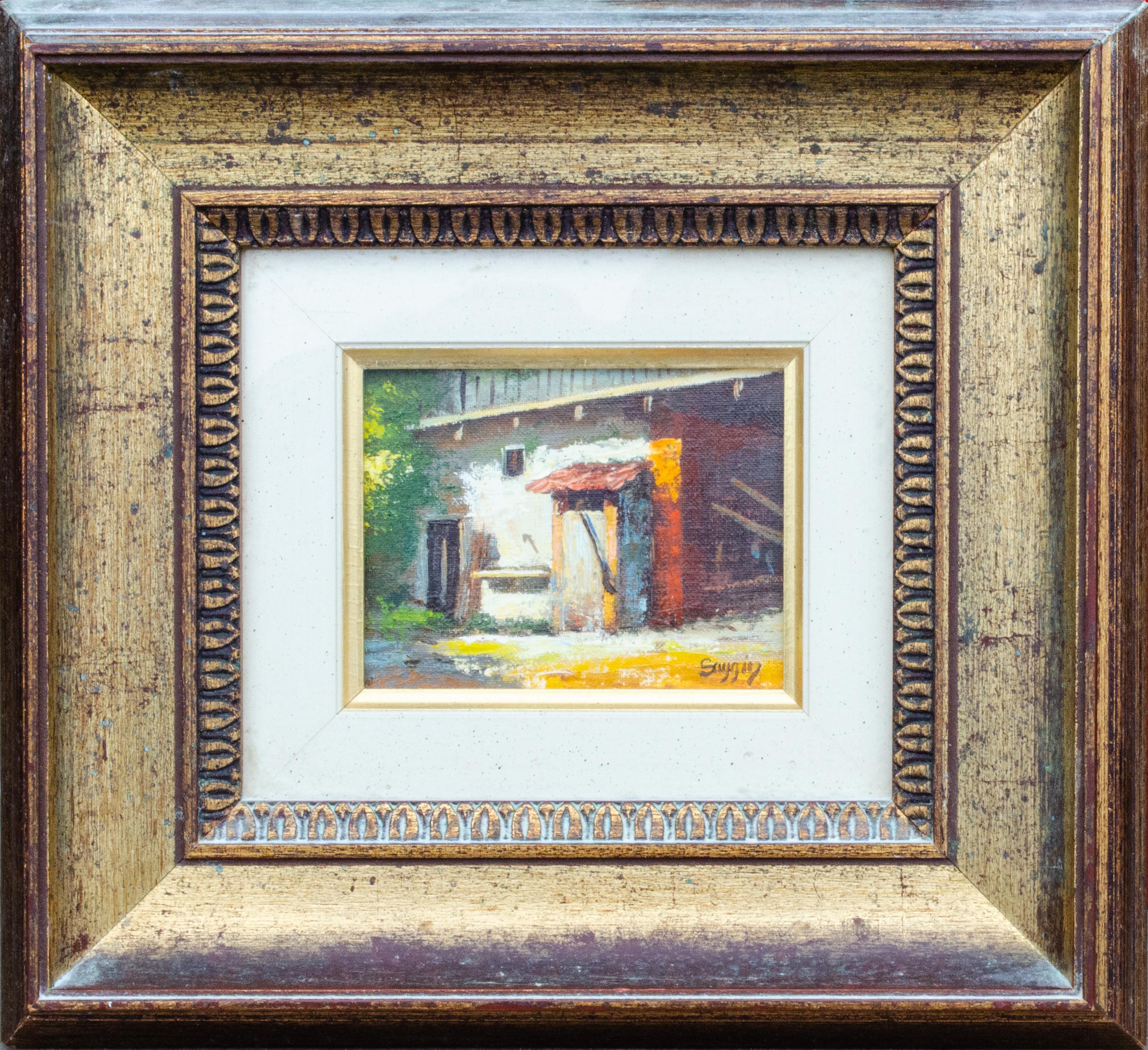 Figurative Painting de Unknown - Pintura italiana de Vecchio Cortile, firmada "Saggin