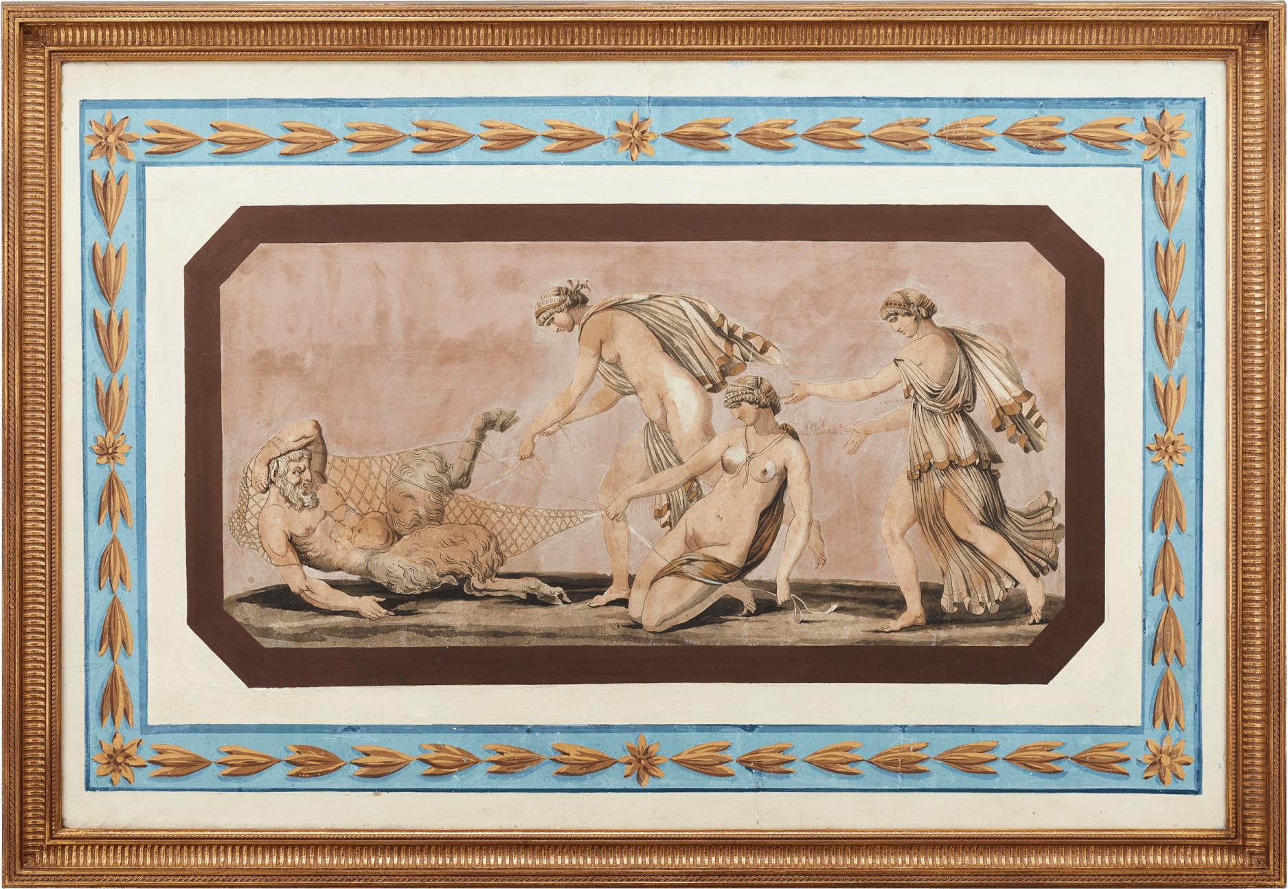 Italian Panel with Satyr and Nymphs - Painting by Unknown