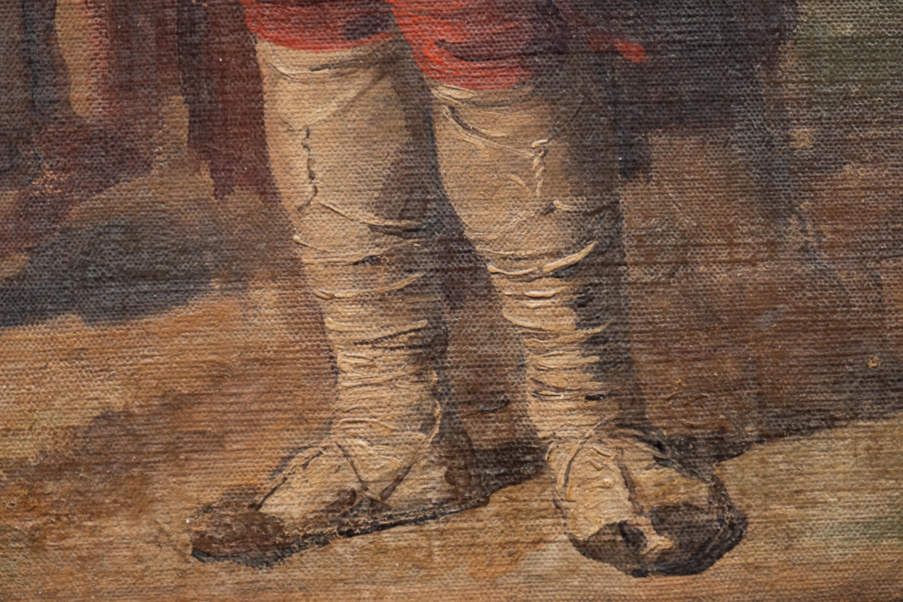 Campesina italiana con collar de coral y hombre con zapatos de ciocie, S. XIX - Figurative Painting Brown de Unknown