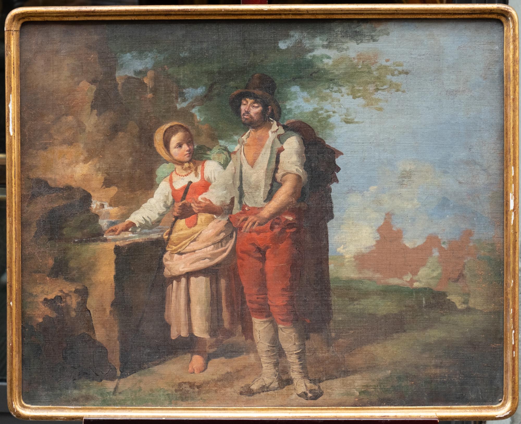 Figurative Painting de Unknown - Campesina italiana con collar de coral y hombre con zapatos de ciocie, S. XIX