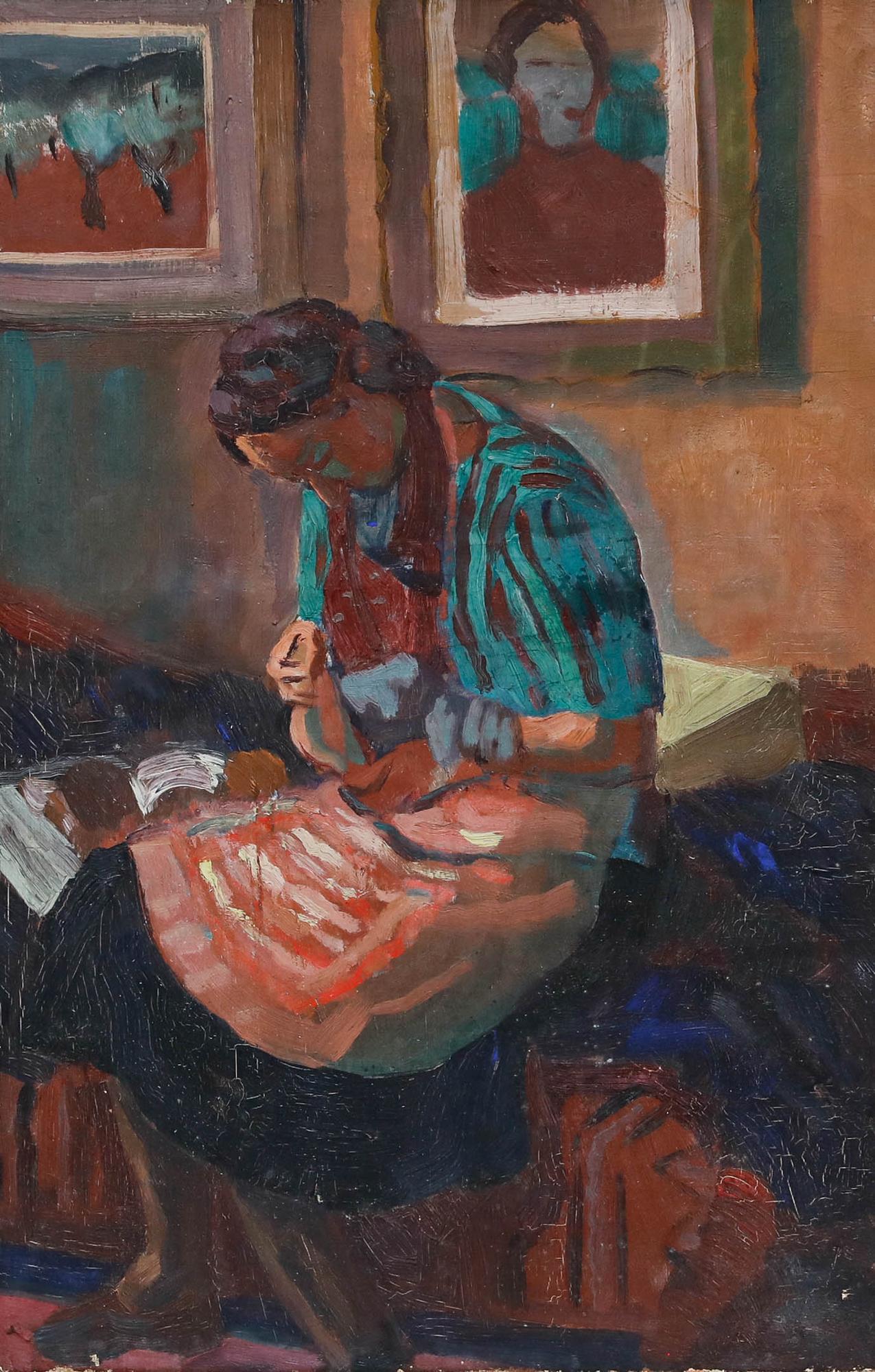 Italian Post Impressionist Mid 20th Century Oil - Darning Socks - Painting by Unknown