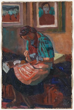 Italian Post Impressionist Mid 20th Century Oil - Darning Socks