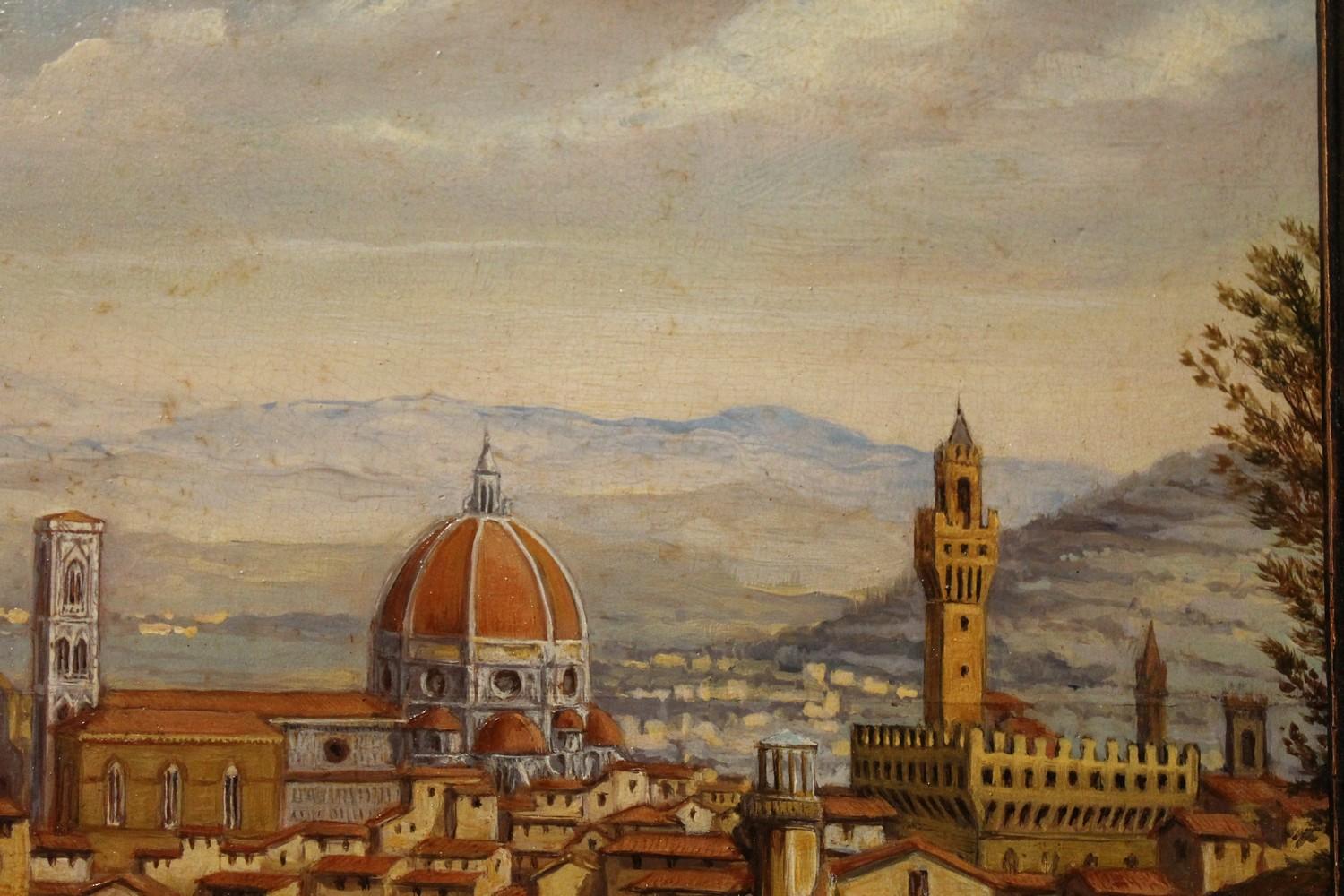 Italian Realist Style Oil on Wood Panel Painting Landscape View of Florence  - Brown Landscape Painting by Unknown