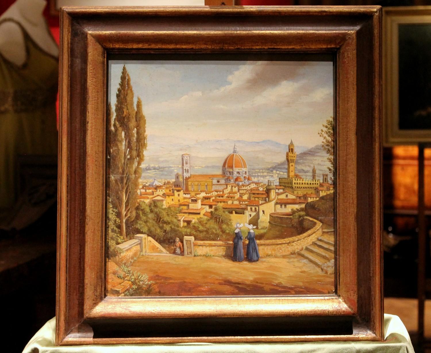Italian Realist Style Oil on Wood Panel Painting Landscape View of Florence  2