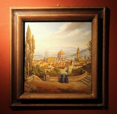 Italian Realist Style Oil on Wood Panel Painting Landscape View of Florence